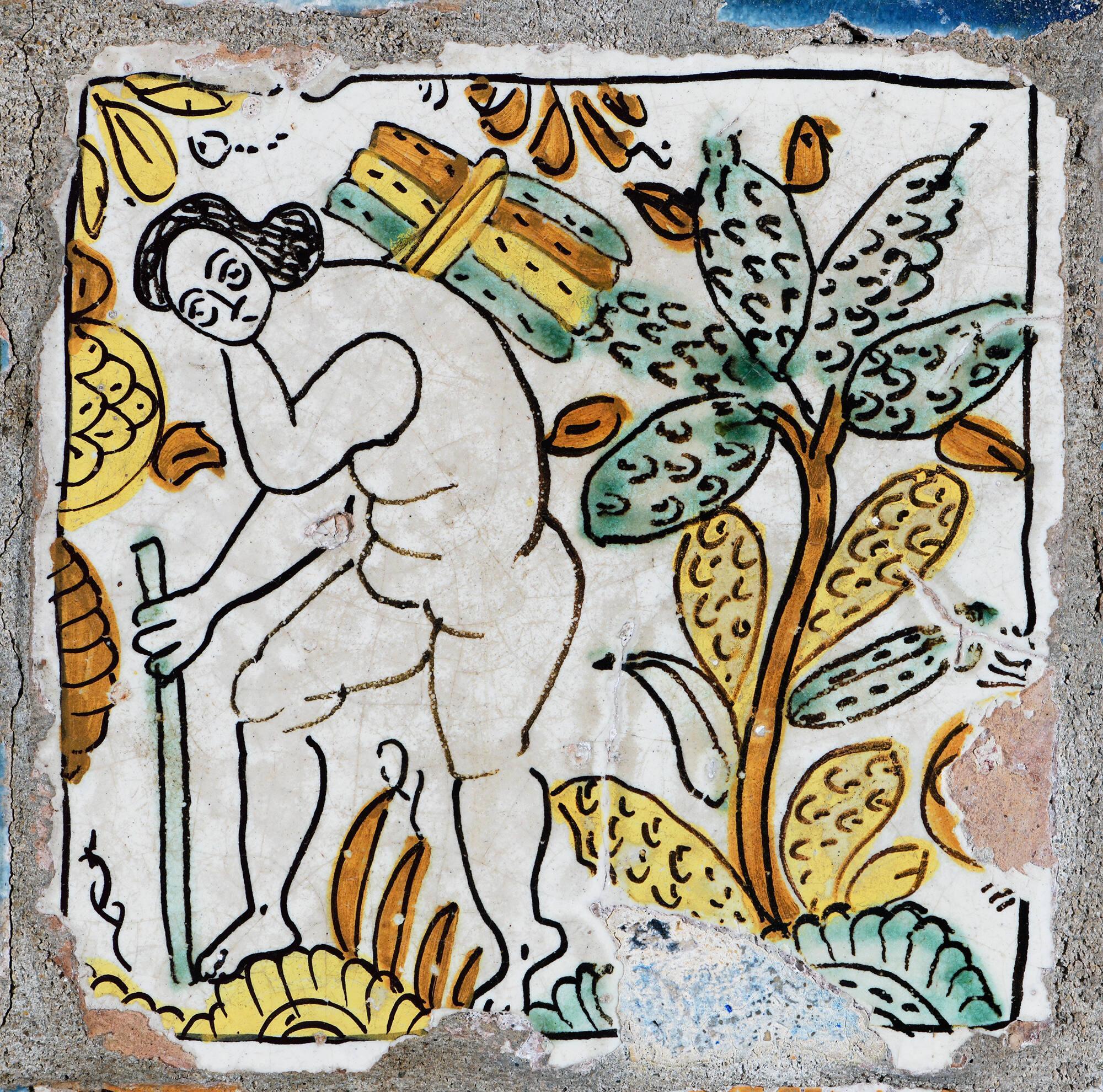 A naked human painted on a tile.