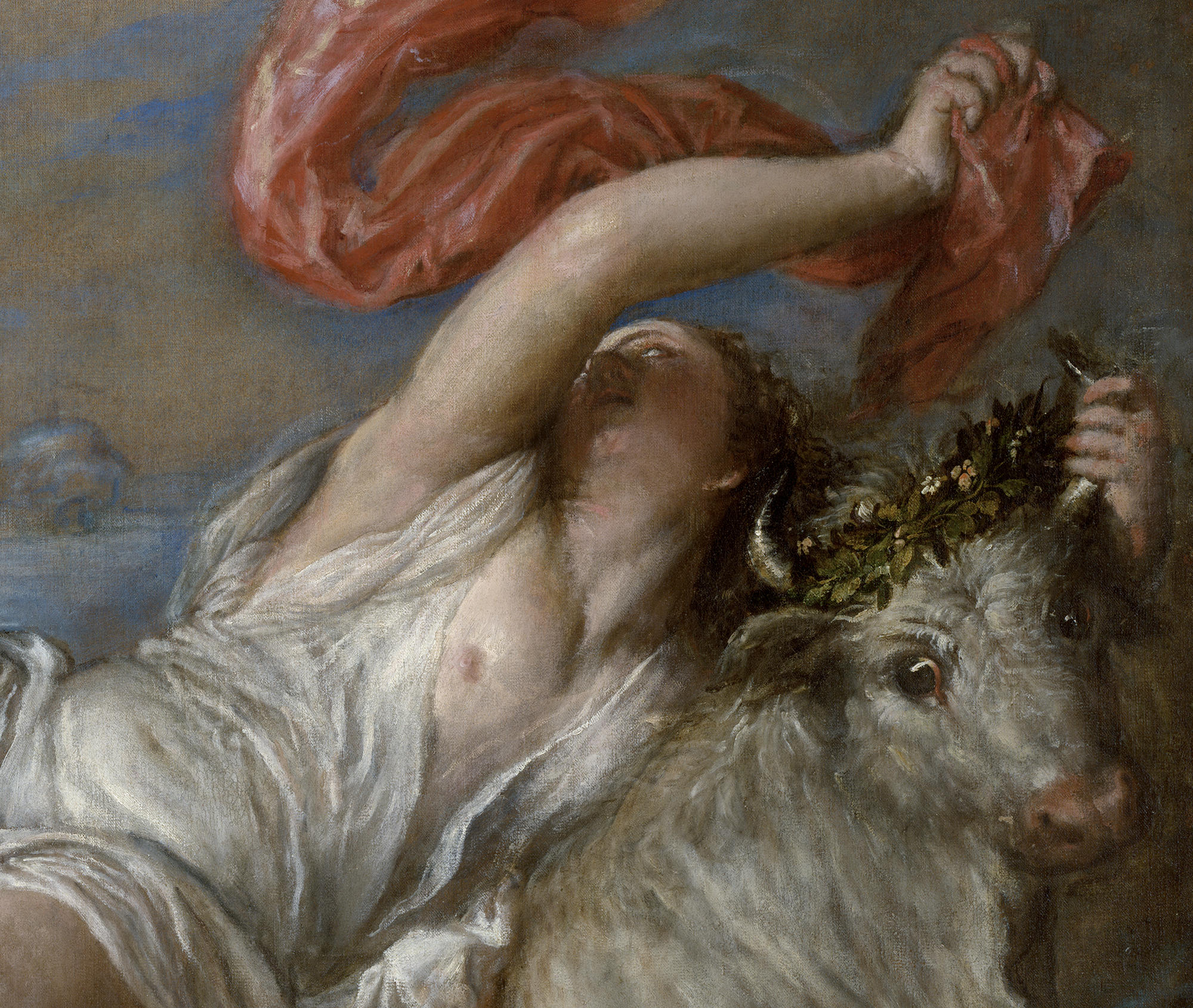 A close up of Europa from the painting Rape of Europa by Titian.
