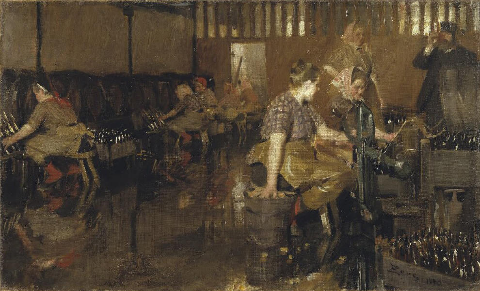 A painting of women in a factory working hard in dresses.