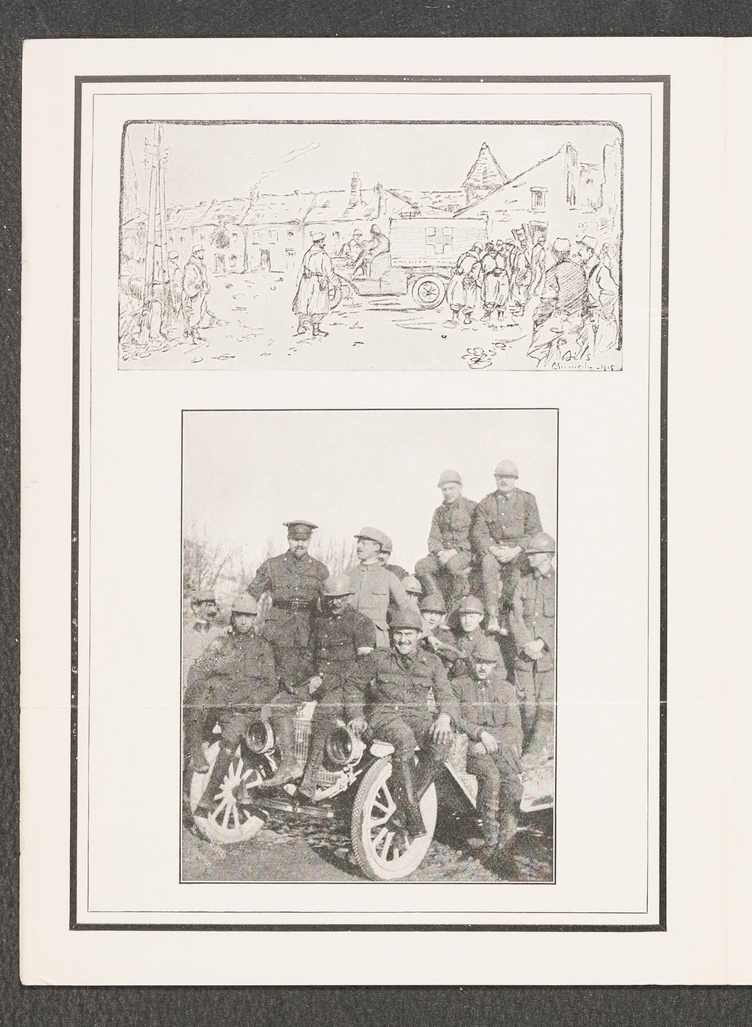 A page from a pamphlet with a photo of a group of men on a jeep.