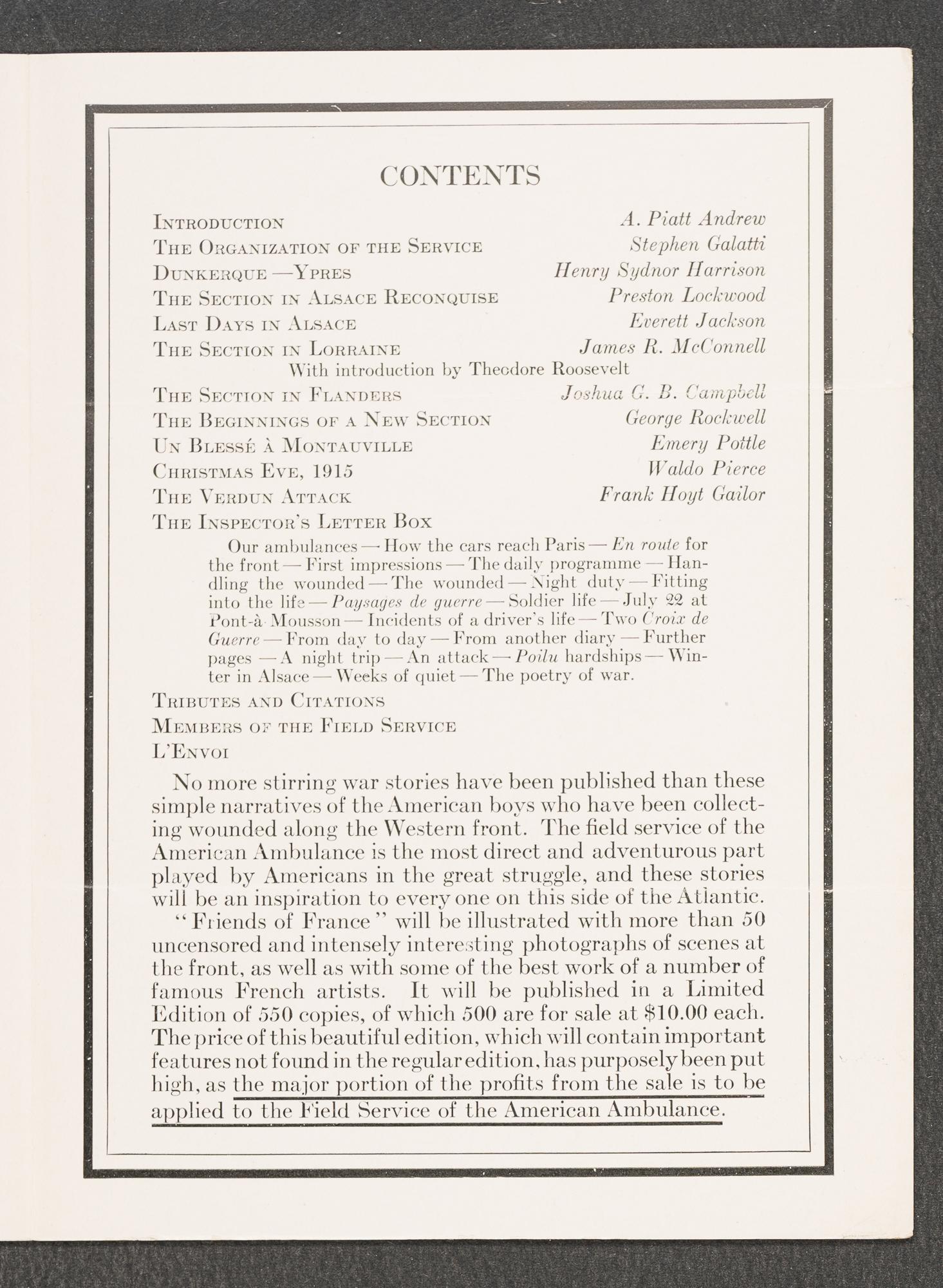 A table of contents for a pamphlet on the Friends of France.