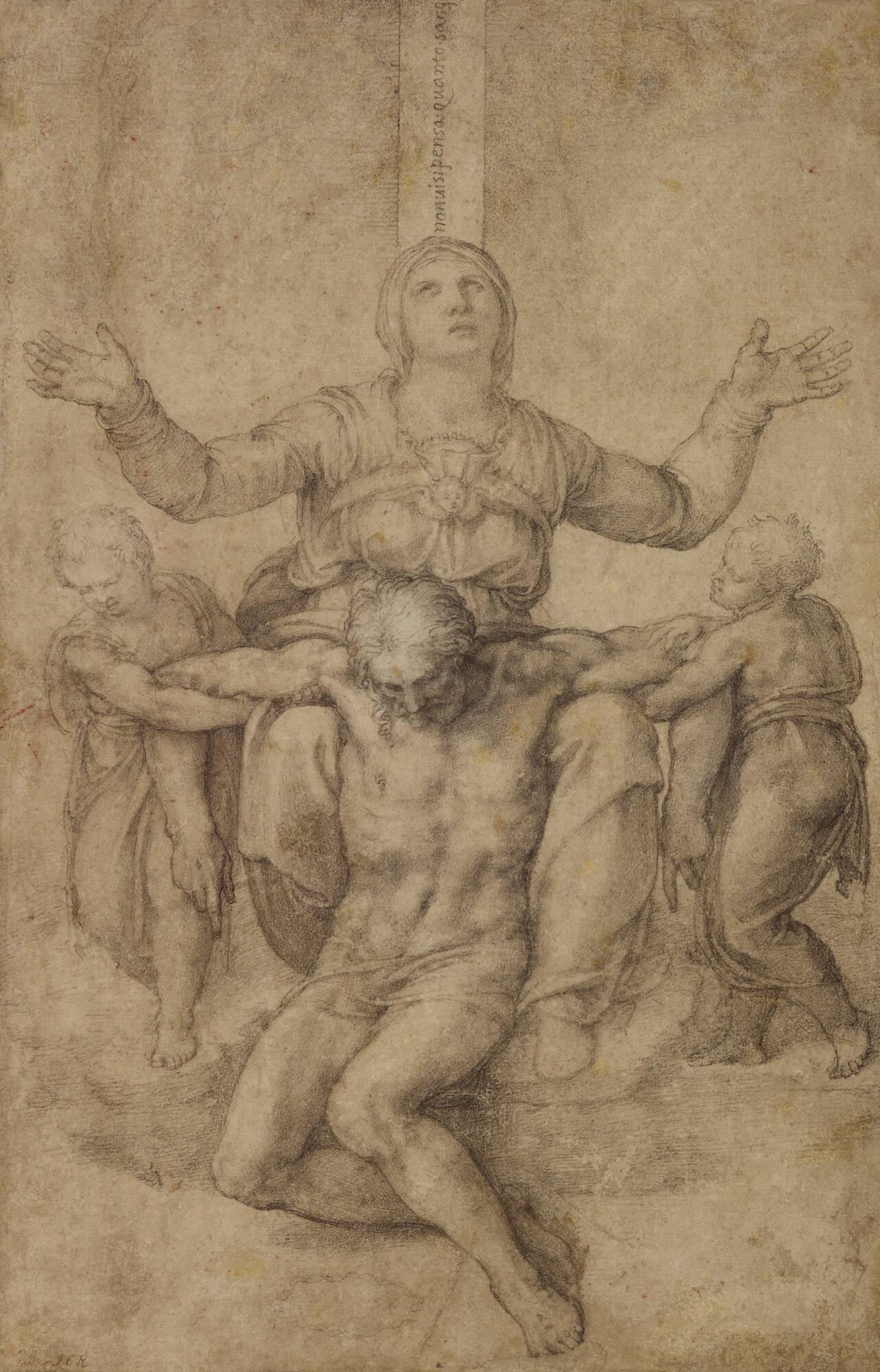 A sketch of a woman with her hands up and a lifeless Jesus beneath her.