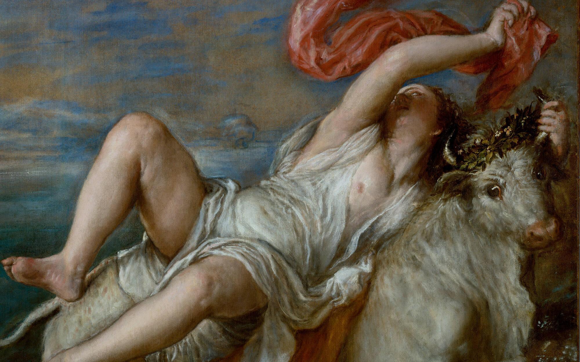 A close up of Europa from the painting Rape of Europa by Titian.