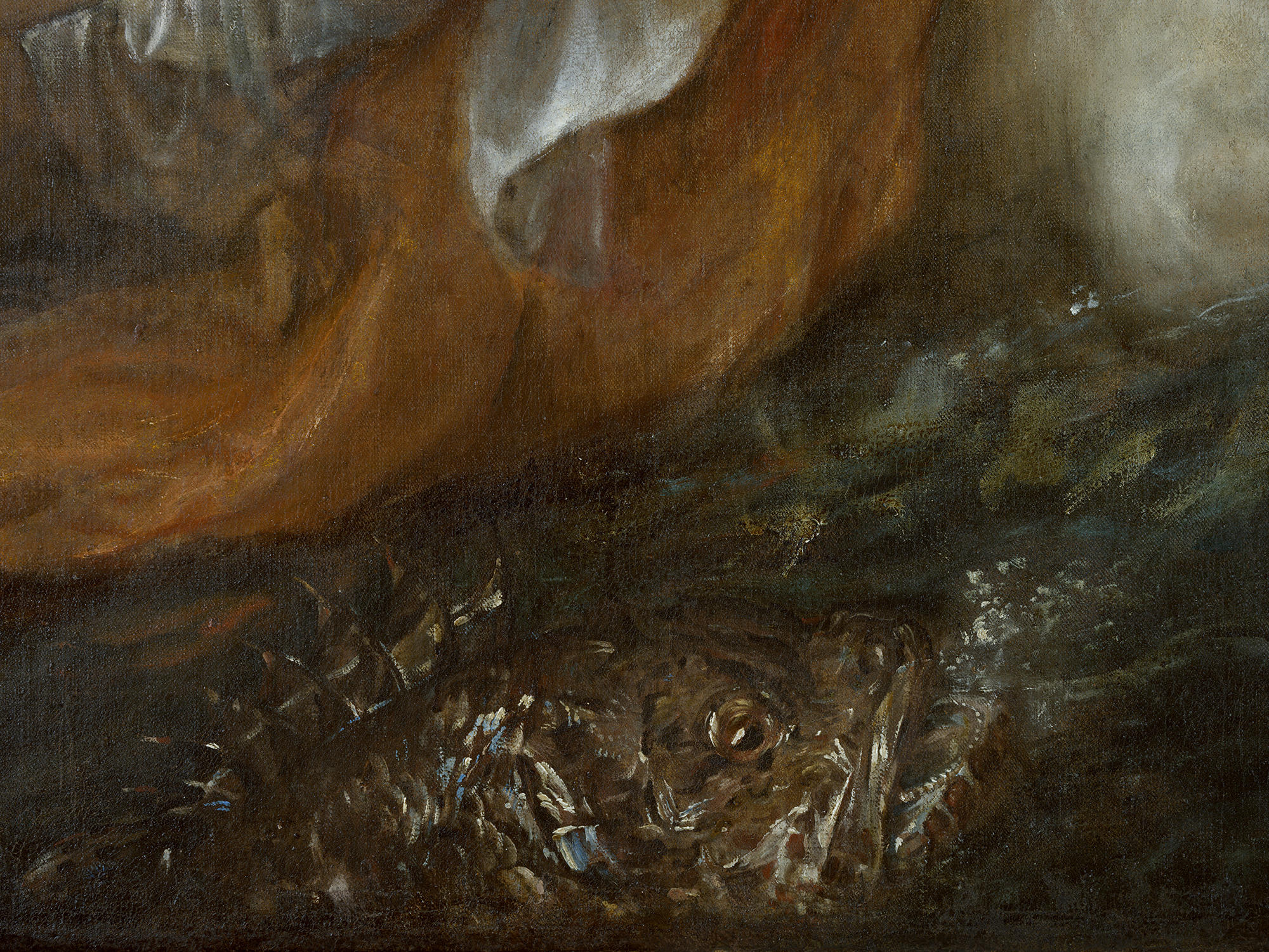 A close up of a sea monster within Rape of Europa by Titian.