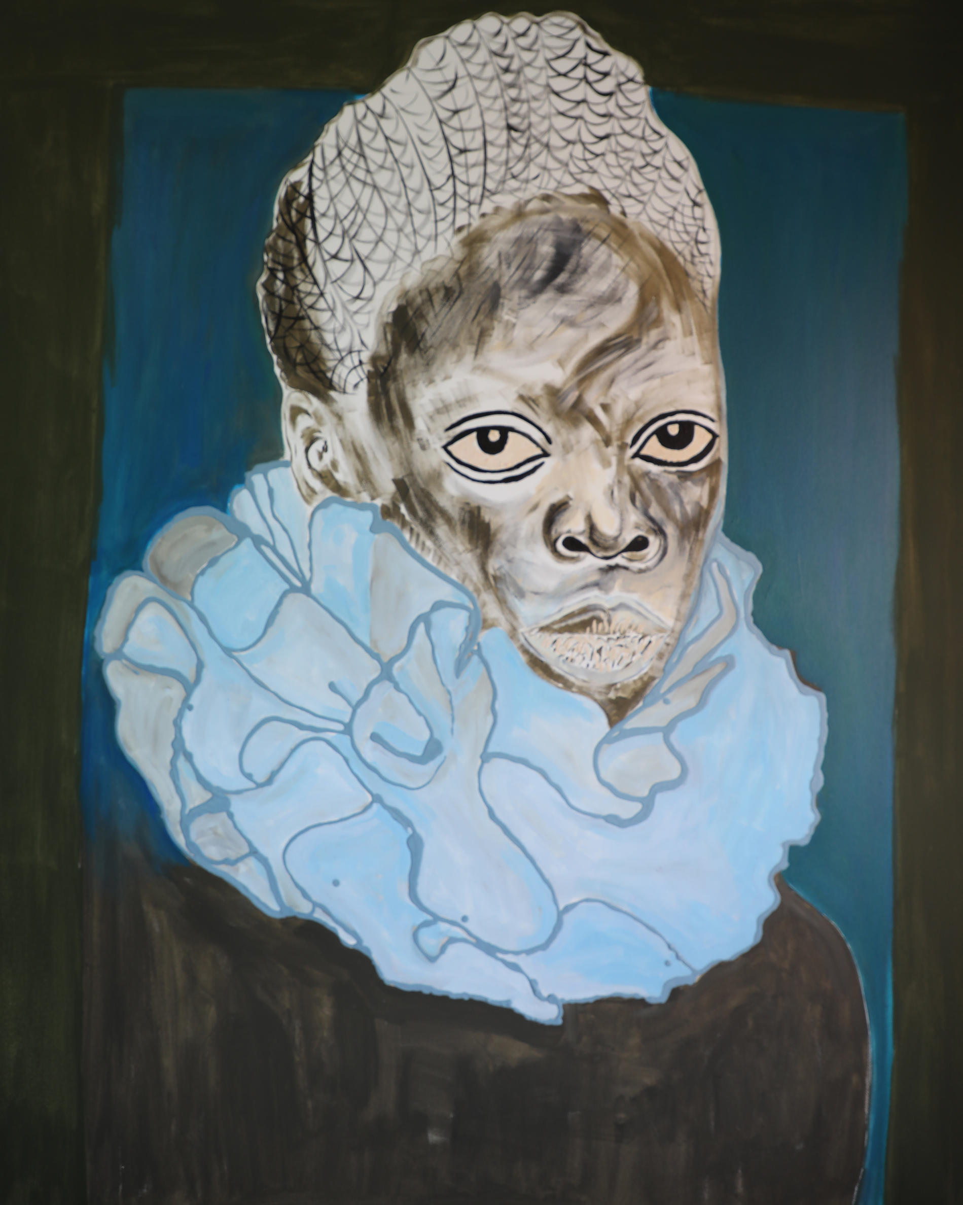 A painting of a person with a ruffled collar and white crown on a blue background.