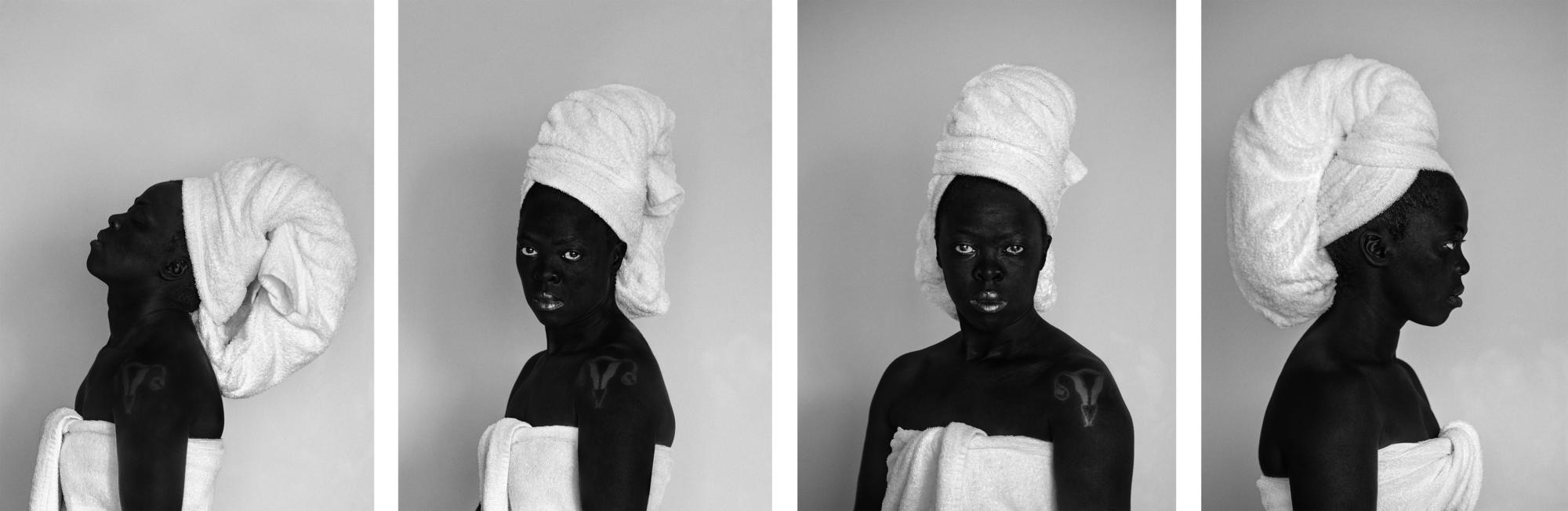 Four images of a person in black and white with a towel around their body and head.