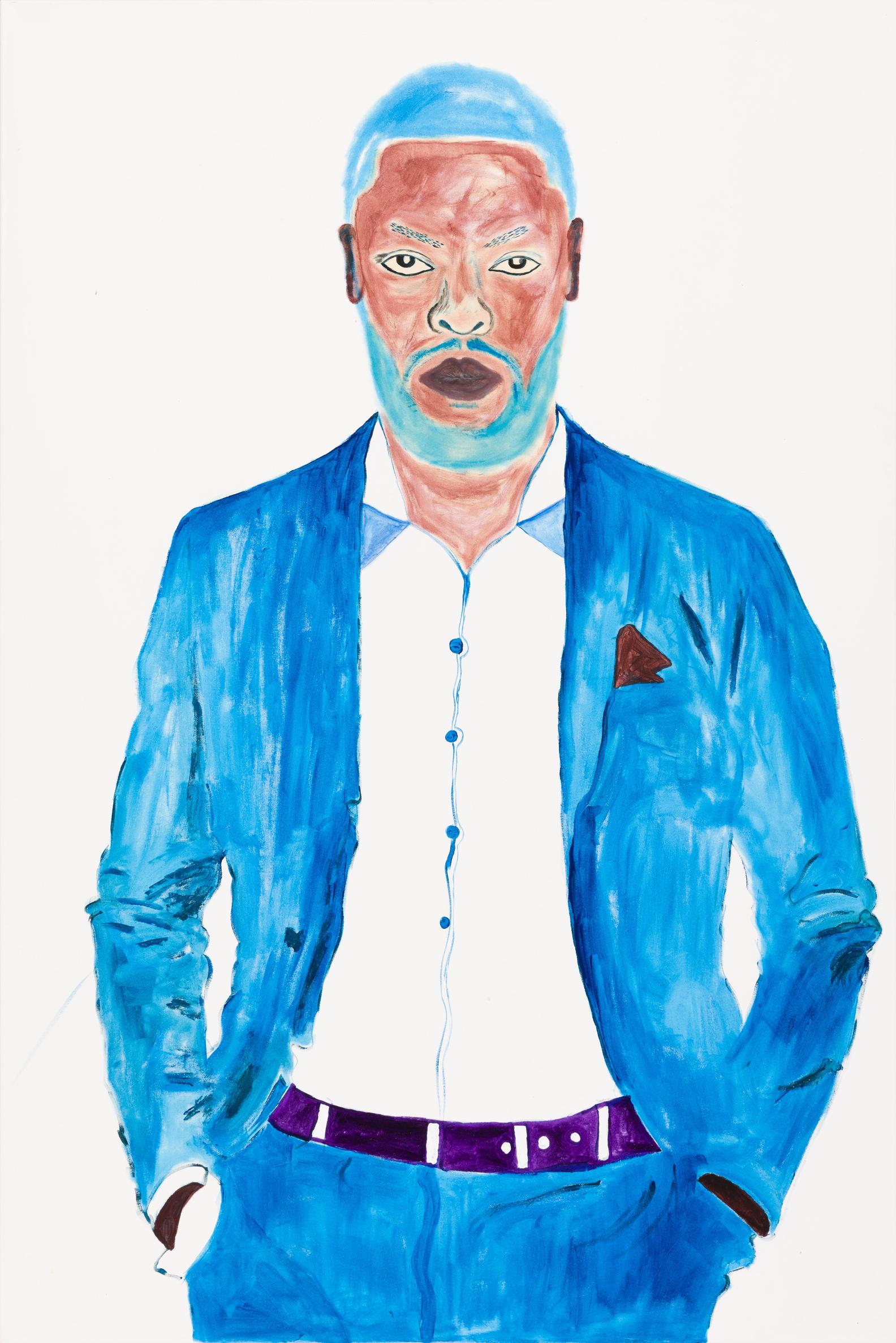 A painting of a person in a blue suit with their hands in their pockets.