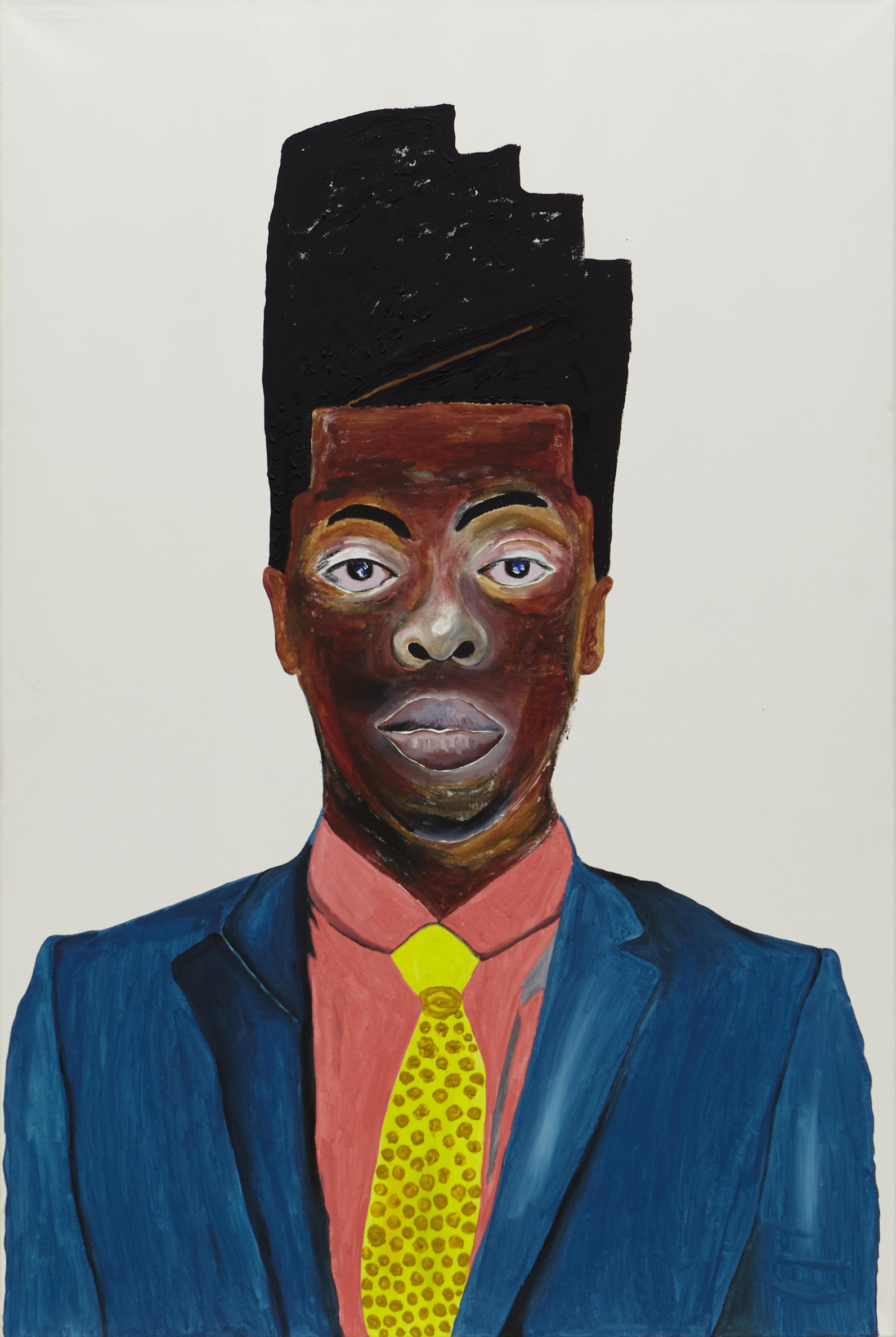 A painting of a person in a blue suit with a yellow tie and a pink shirt.