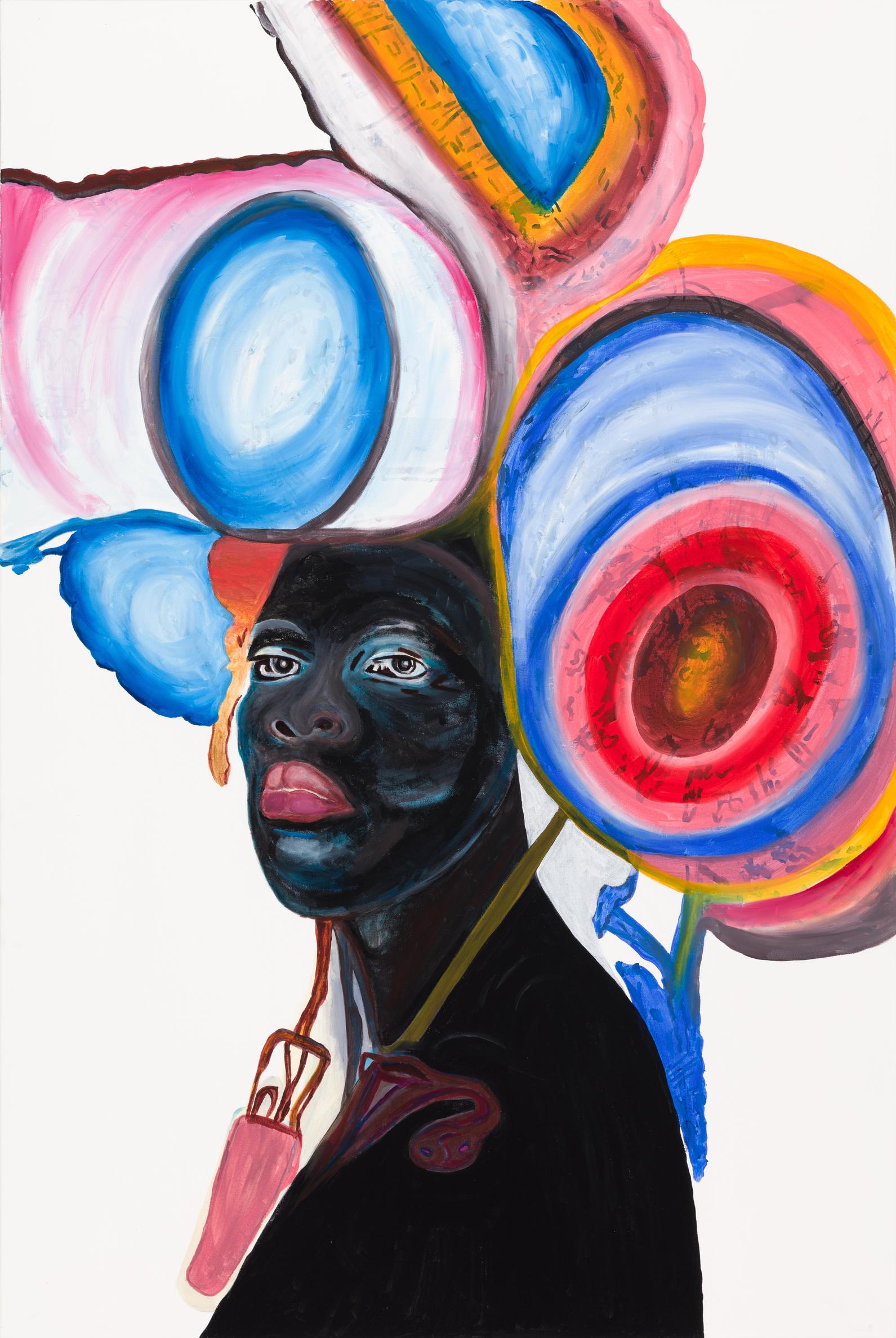 A painting of a person with a colorful large tube-like headpiece.