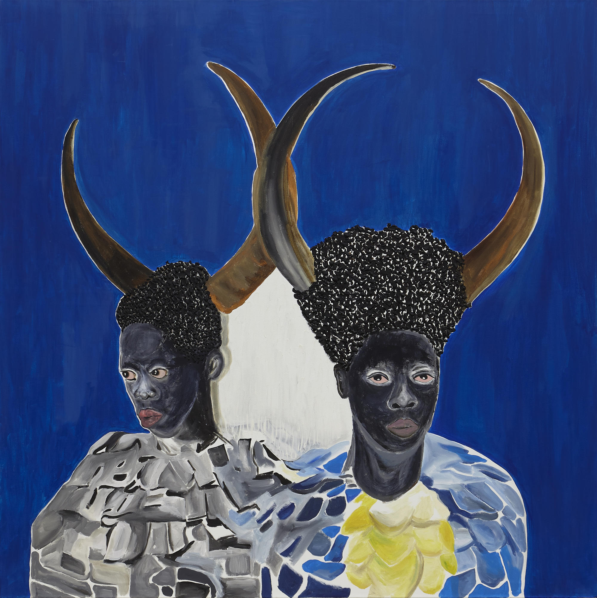 A painting of two people in shawls with large horns coming out of their heads on a blue background with white in the middle. 