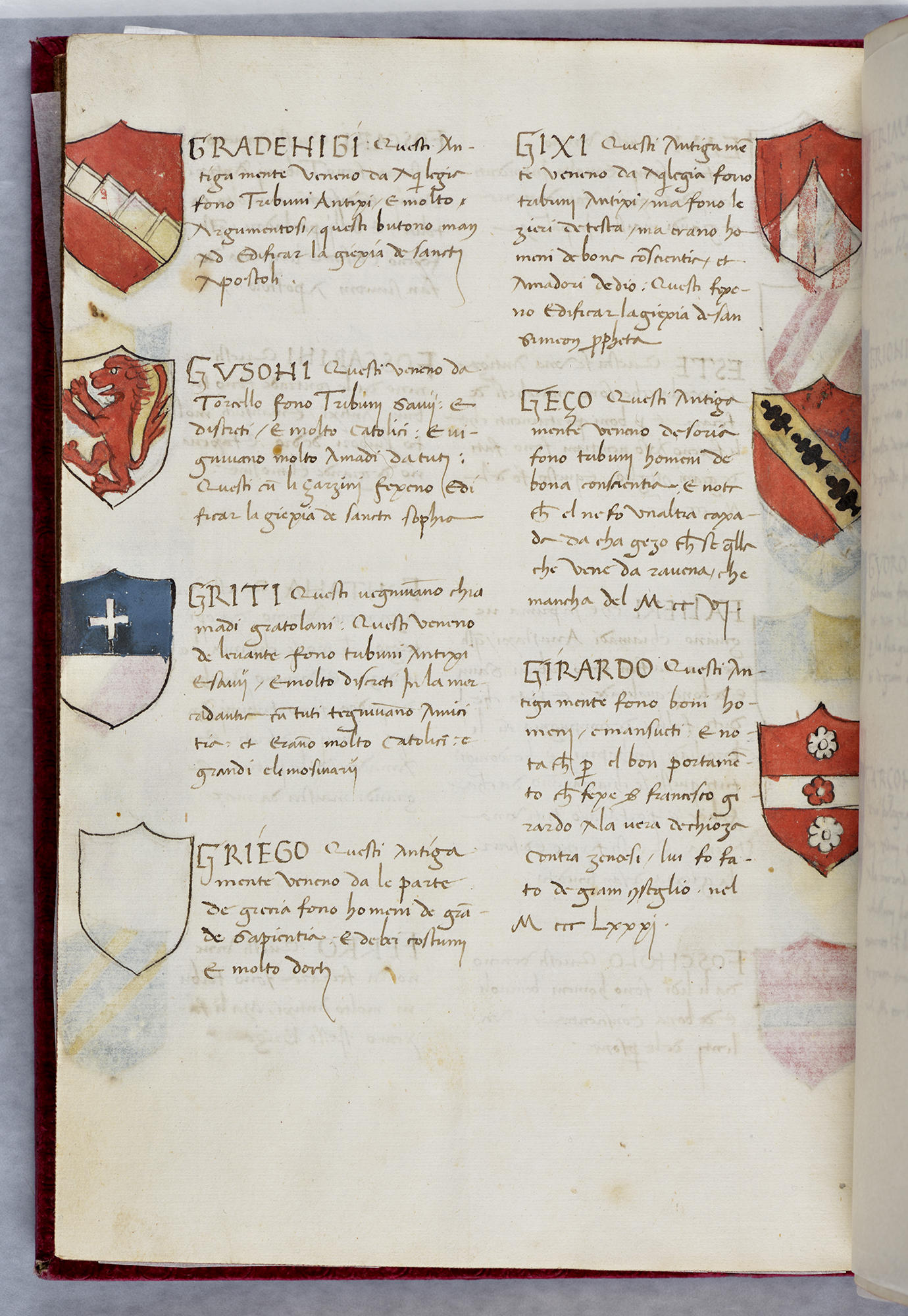 A page of handwritten text bordered with colored shields.