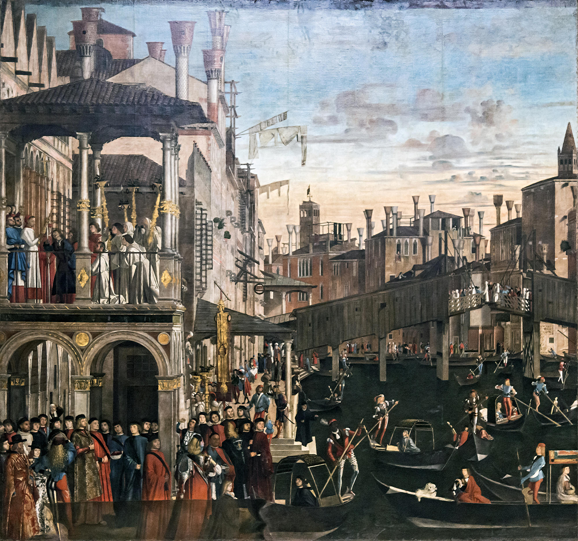 A painting of people in Venice looking out to the canal.