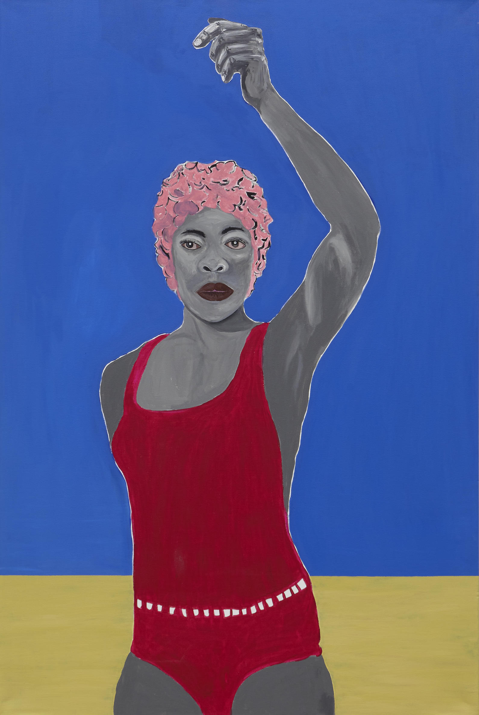A painted image of a person in a red one piece swimsuit with a swimming cap on.