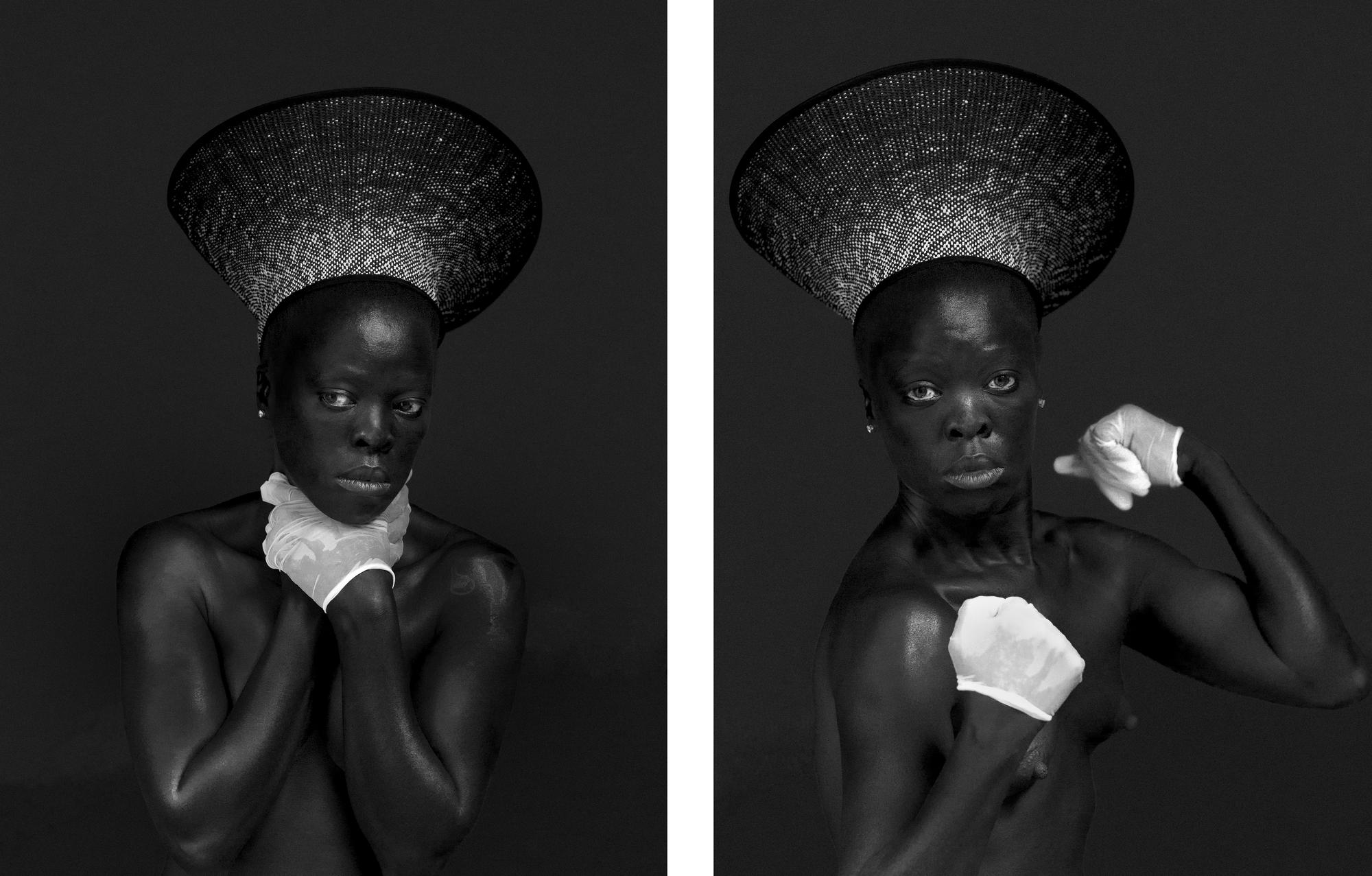 Two side by side photos of a person in a large headpiece and white gloves. 