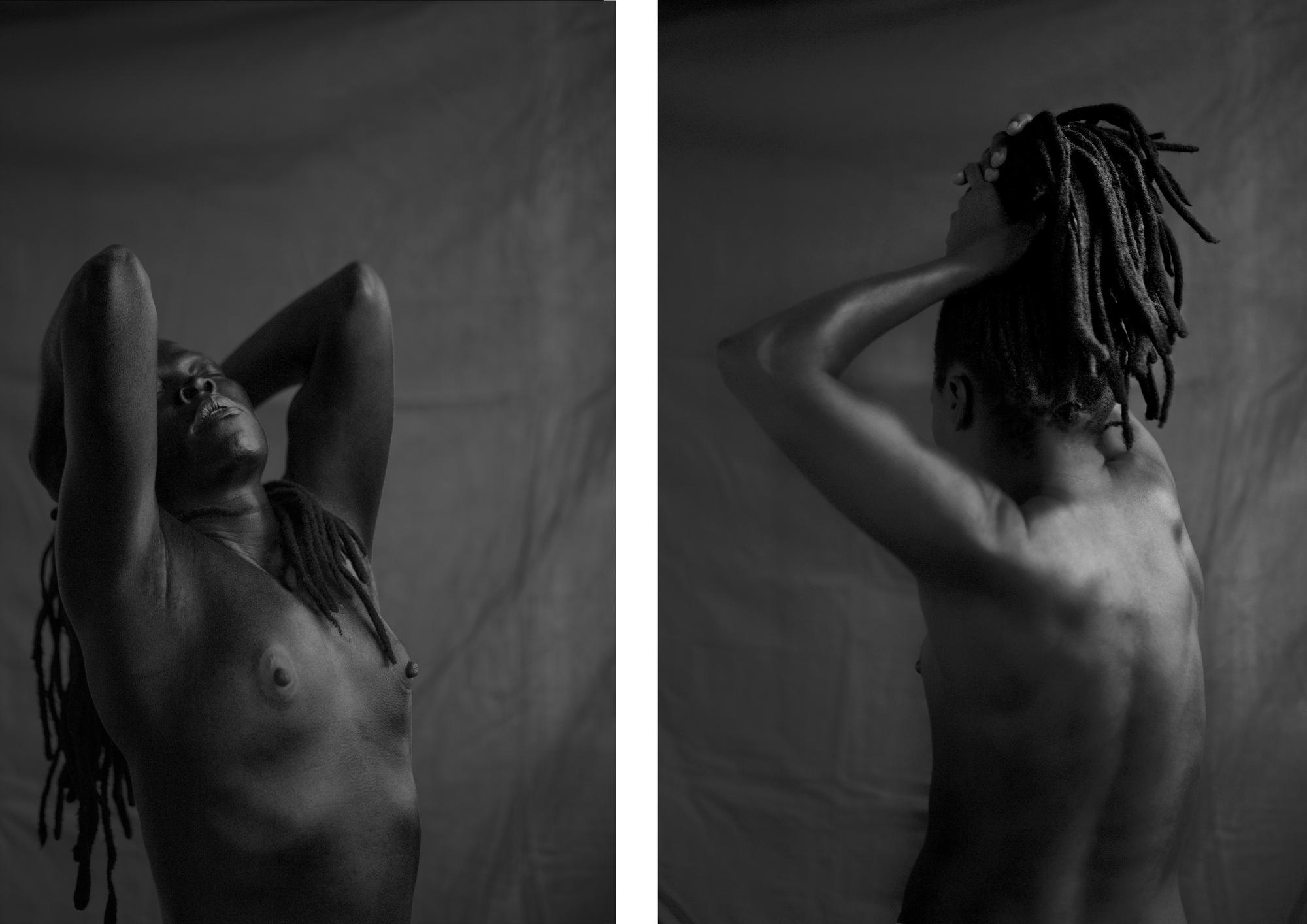 Two black and white photos, one topless and one with the persons back facing me.