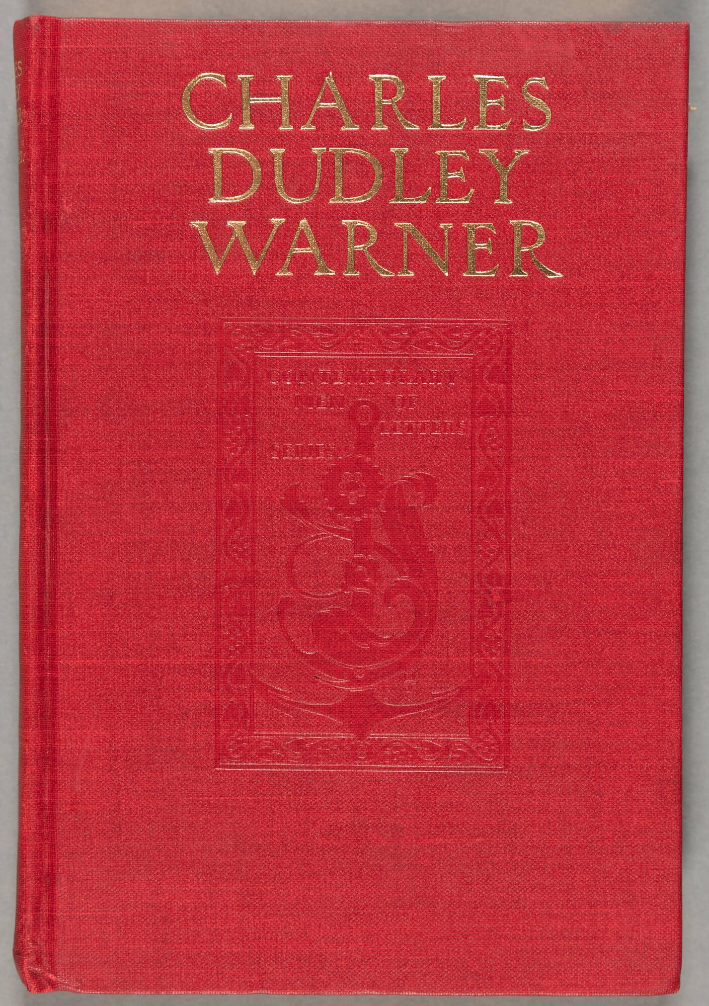 A red cover of a book with the words Charles Dudley Warner. 