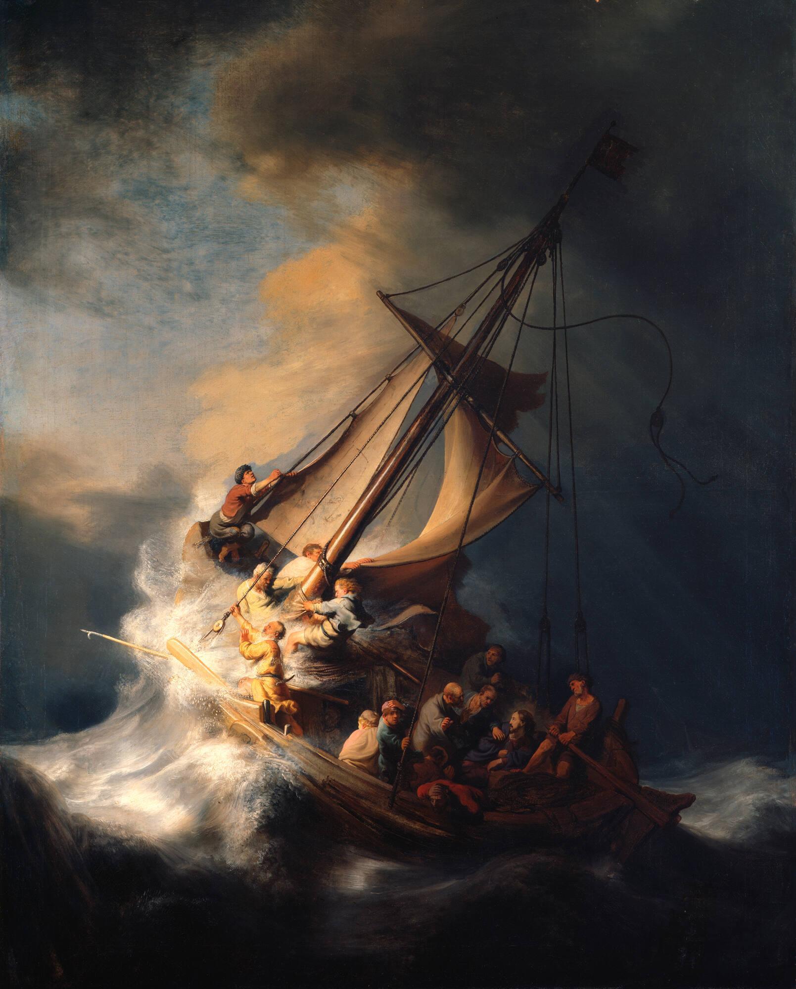 A painting of a ship hitting a large wave.