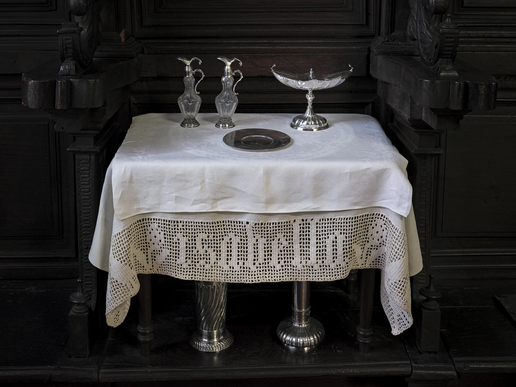 A table in the Chapel with a cloth crocheted by Isabella, Isabella Stewart Gardner Museum, Boston.