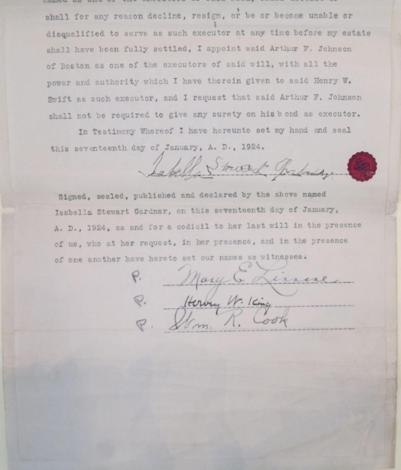 Last Will and Testament of Isabella Stewart Gardner, signature page from a 1924 amendment.