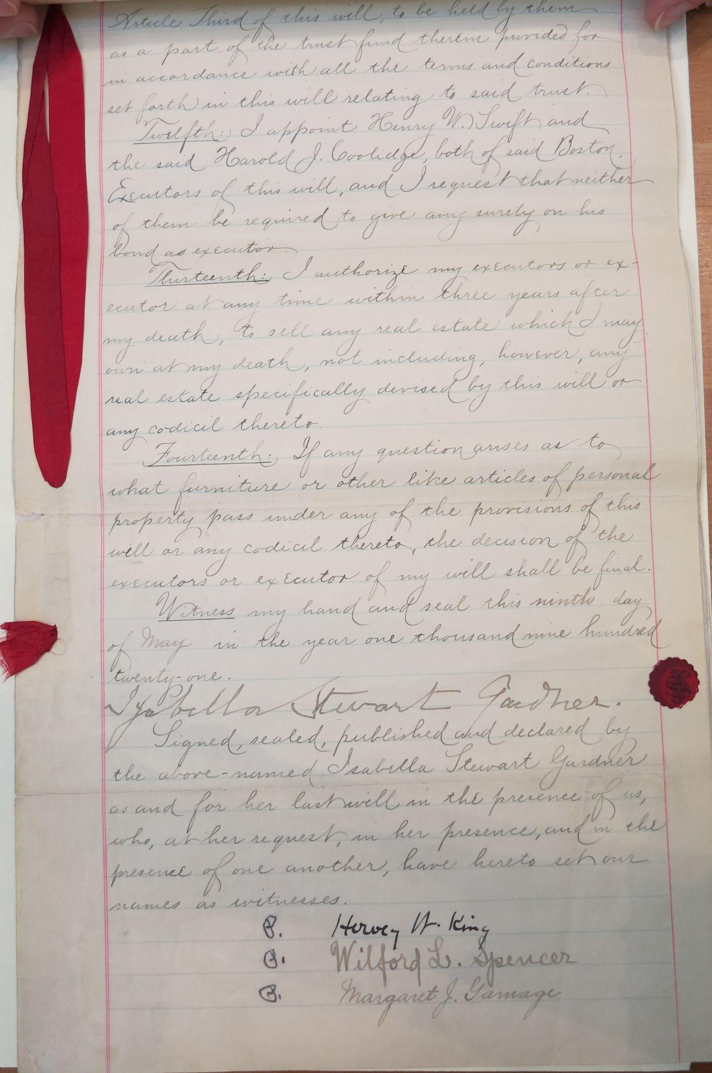 Last Will and Testament of Isabella Stewart Gardner, page 16, 1921