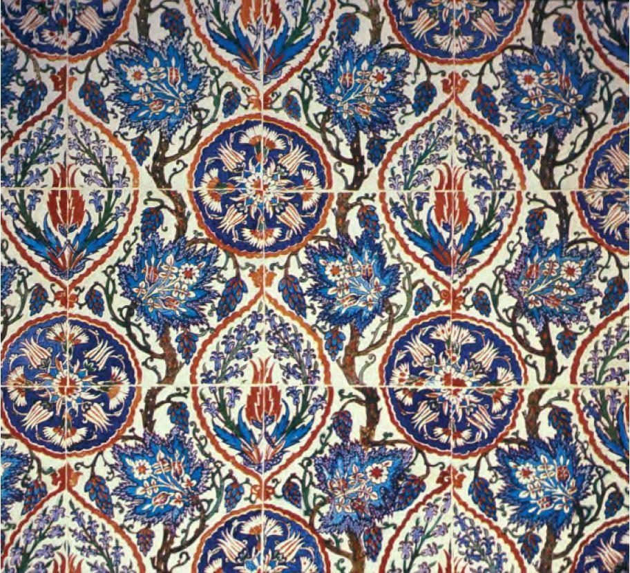 A panel of nine turkish tiles nearly identical to the Gardner’s tile showing the repeating pattern.