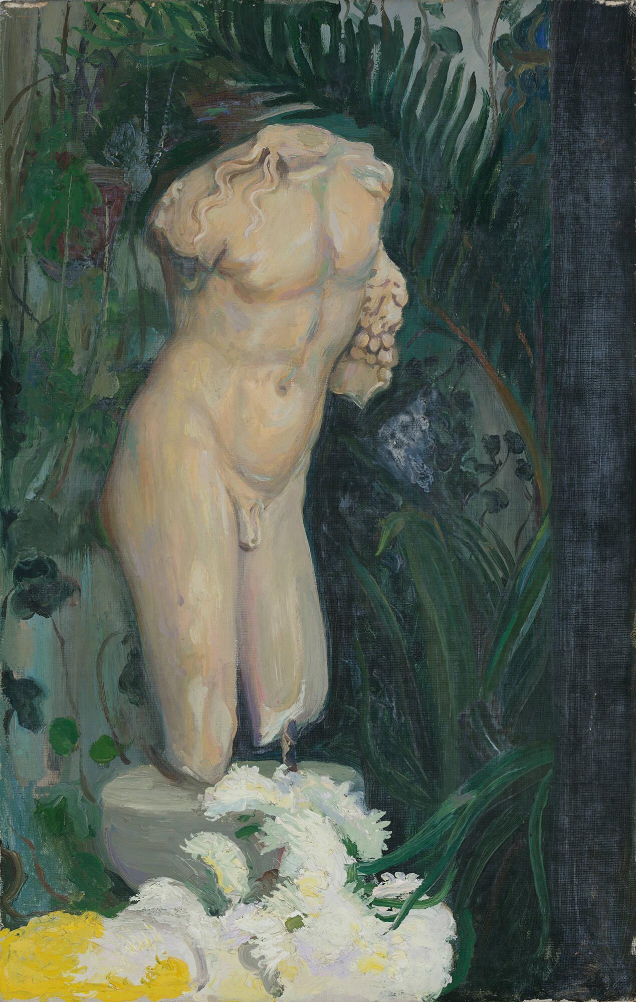 Painting of nude male white marble  torso with a bunch of grapes on a pedestal in the courtyard of the Gardner Museum.