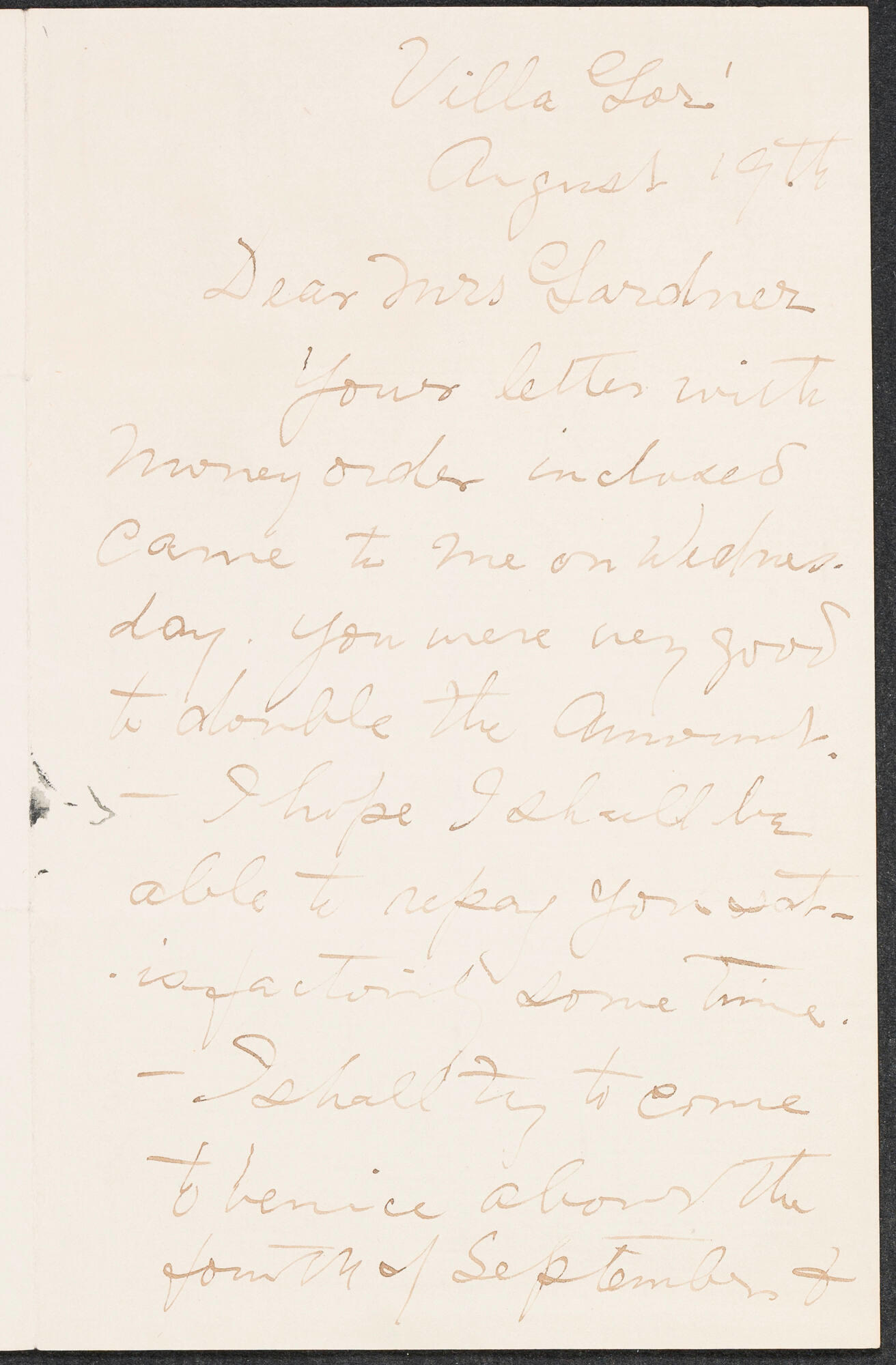 Handwritten letter in brown ink from Andreas Martin Andersen to Isabella Stewart Gardner.