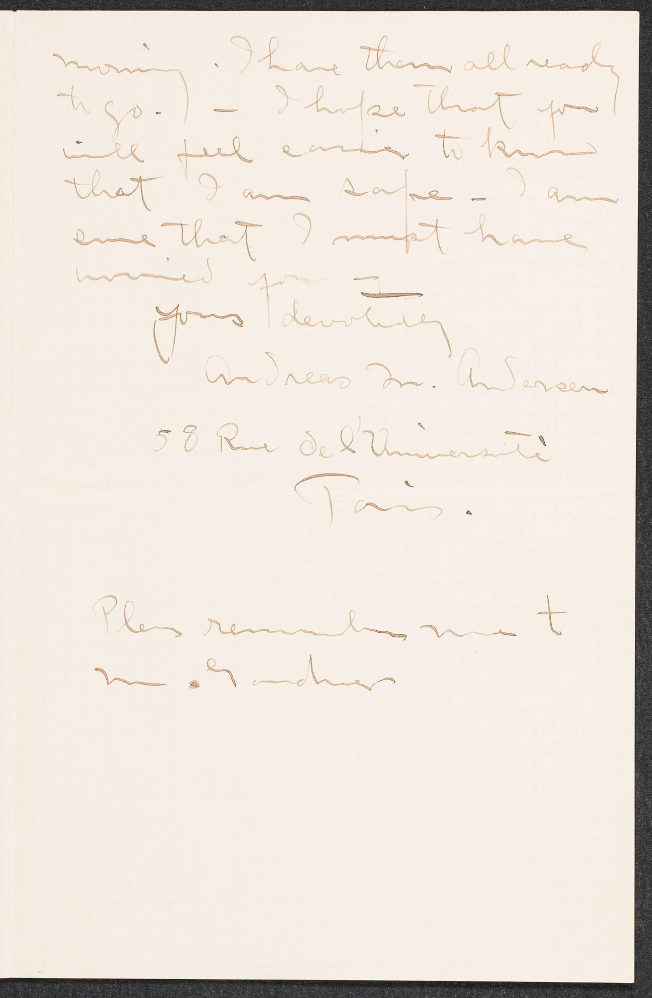 Handwritten letter in brown ink from Andreas Martin Andersen to Isabella Stewart Gardner.