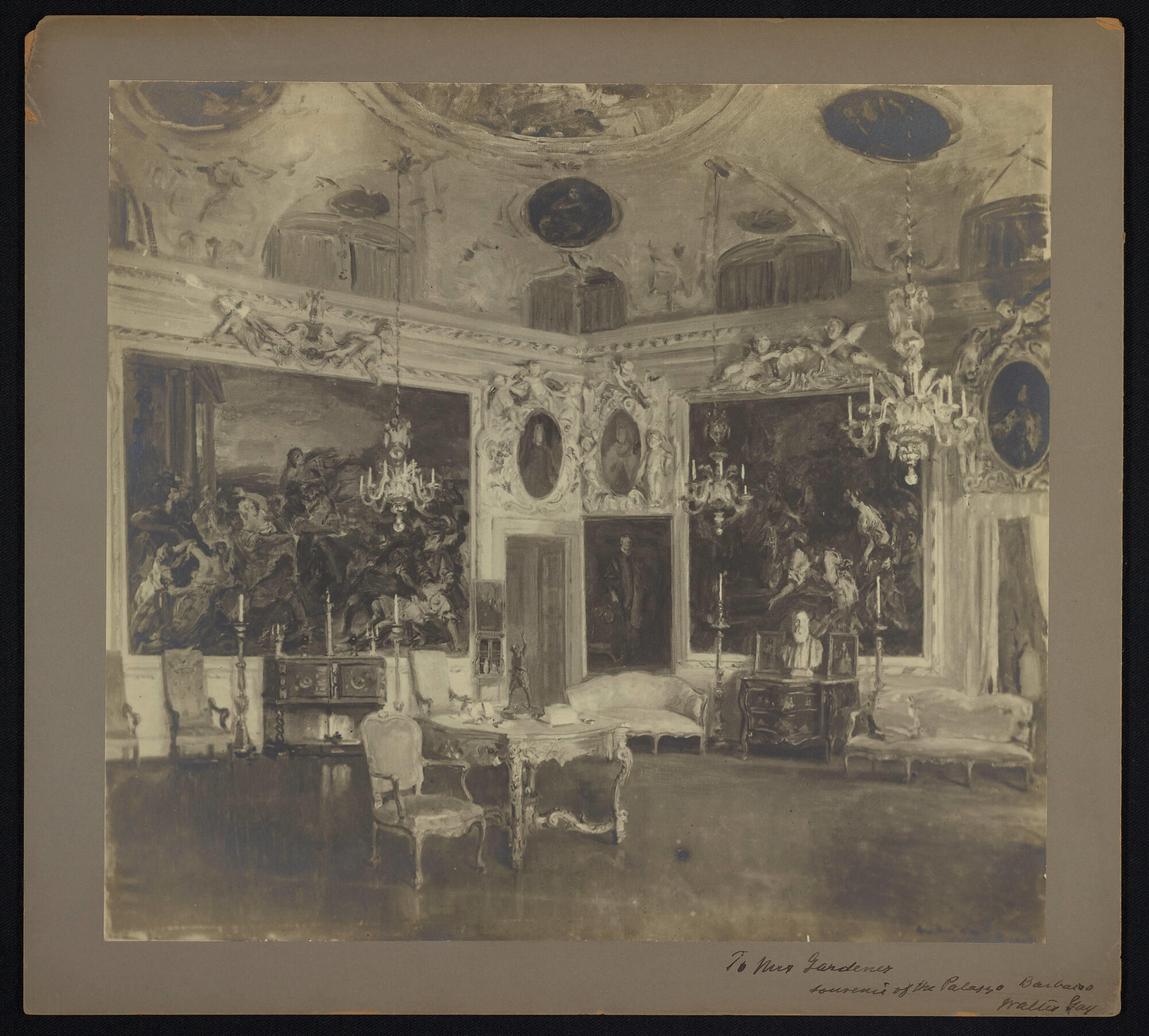 Photograph of a painting of a room inside Palazzo Barbaro.