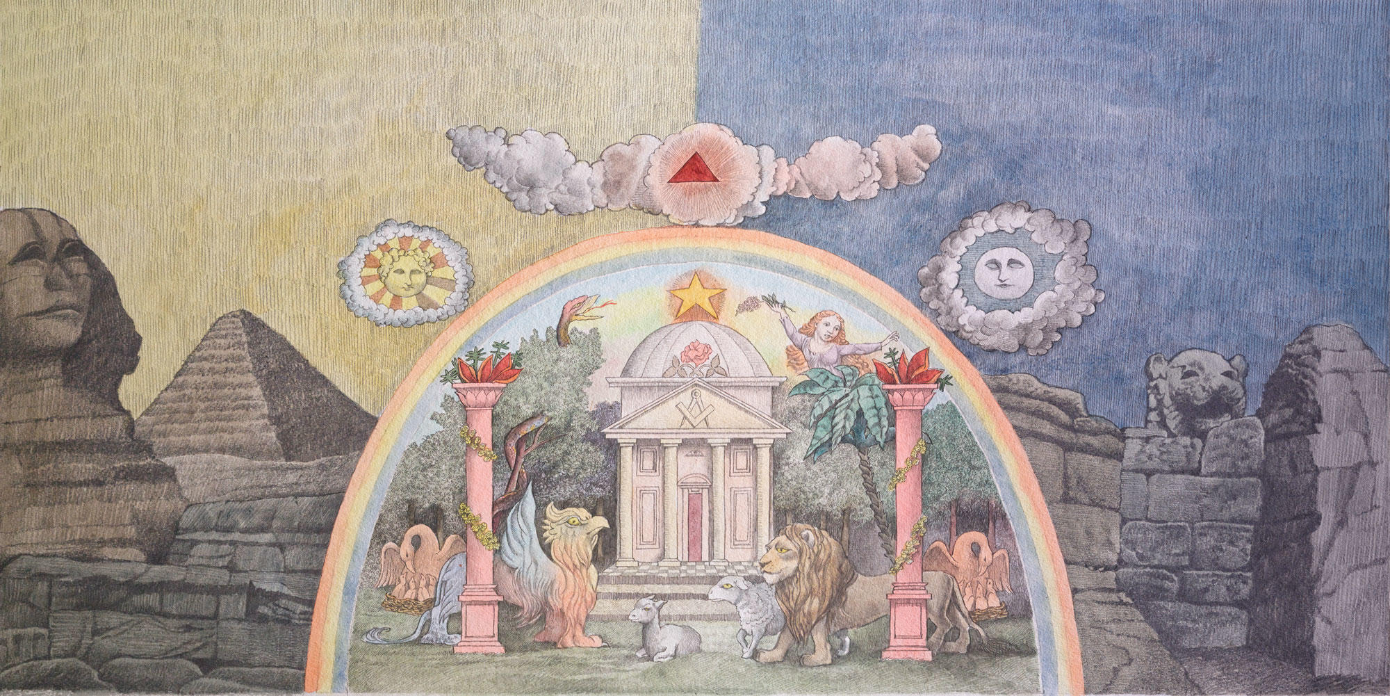 Design for Temple of the Sun backdrop, finale II, 1979–80