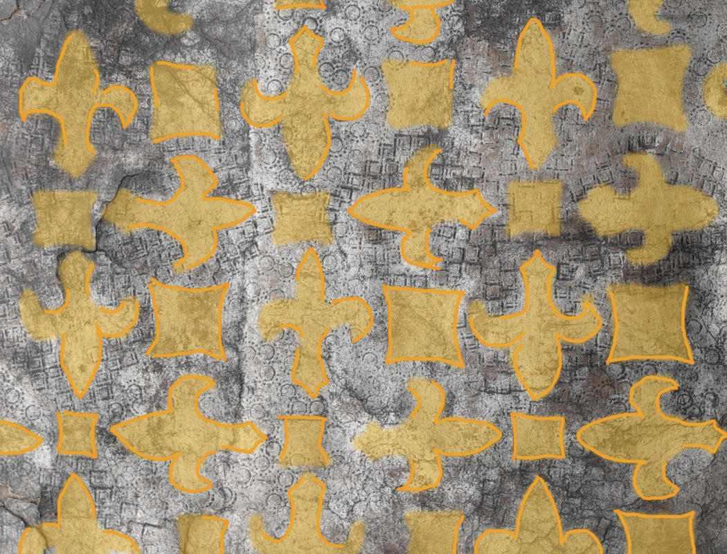 The fleurs-de-lis pattern on the stool tops showing the gold color. If the shapes look a little irregular, that’s because they are: the varnished shapes were all incised by hand, rather than stamped with a ready-made tool.