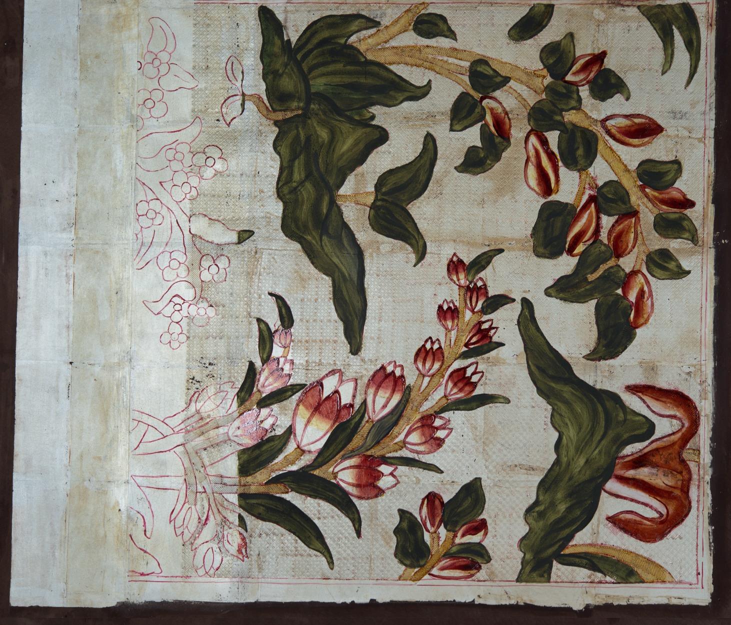 A mock-up didactic made by Gardner Museum conservators of the steps of making polychrome gilt leather, from the application of silver leaf, to underdrawings, to the application of thin glazes and paints.