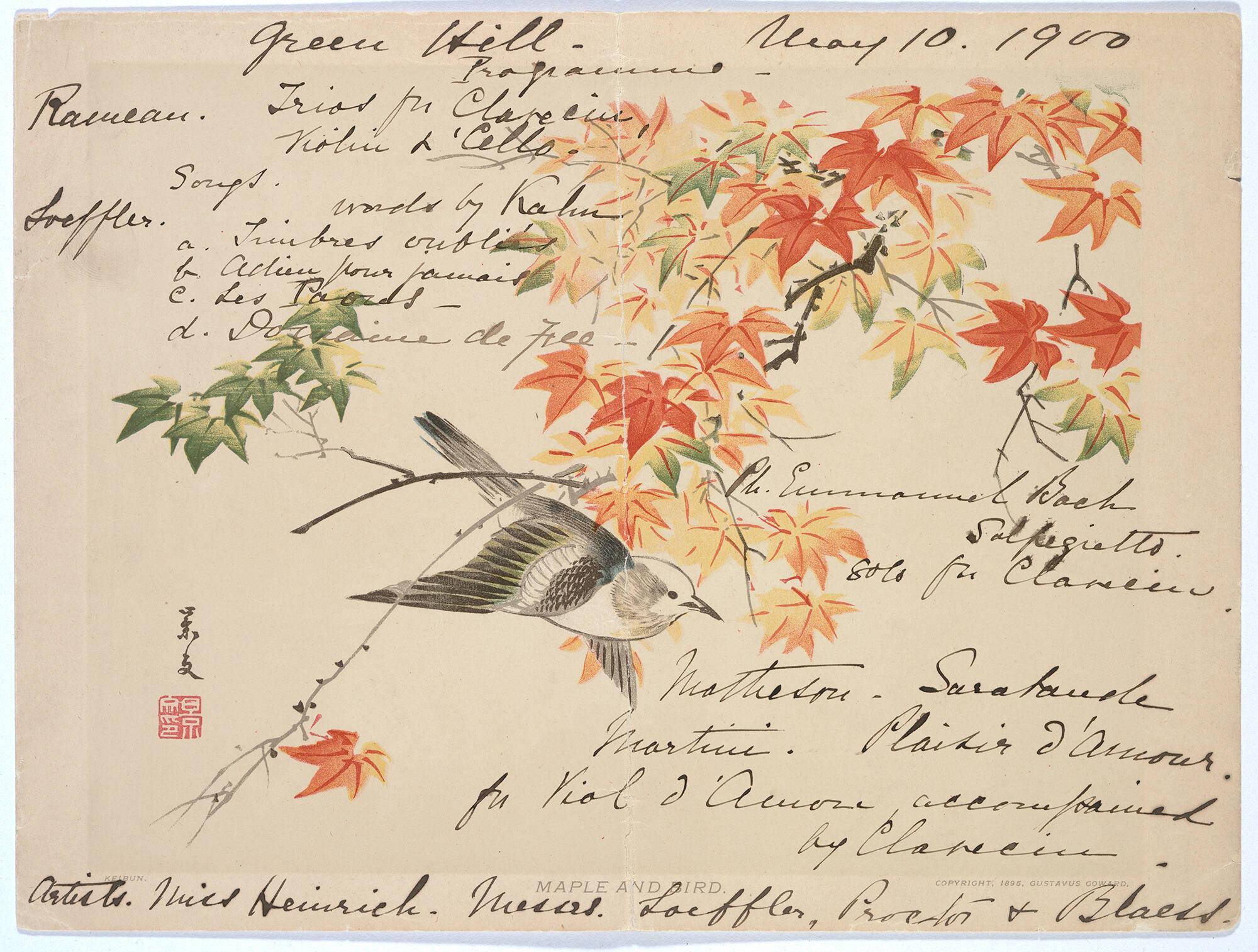 Concert Programme, Green Hill, with leaves and bird