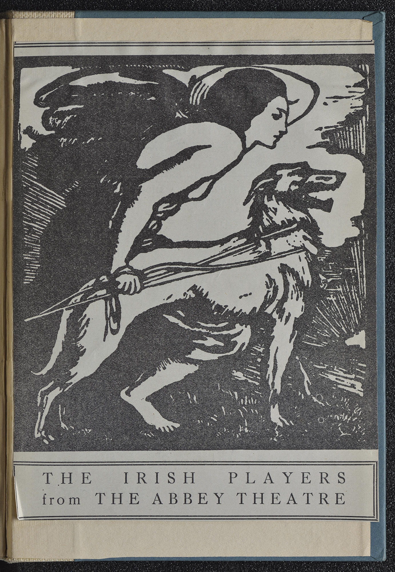 A black and white woodcut print of a hunter and a dog with the text The Irish Players from the Abbey Theatre.