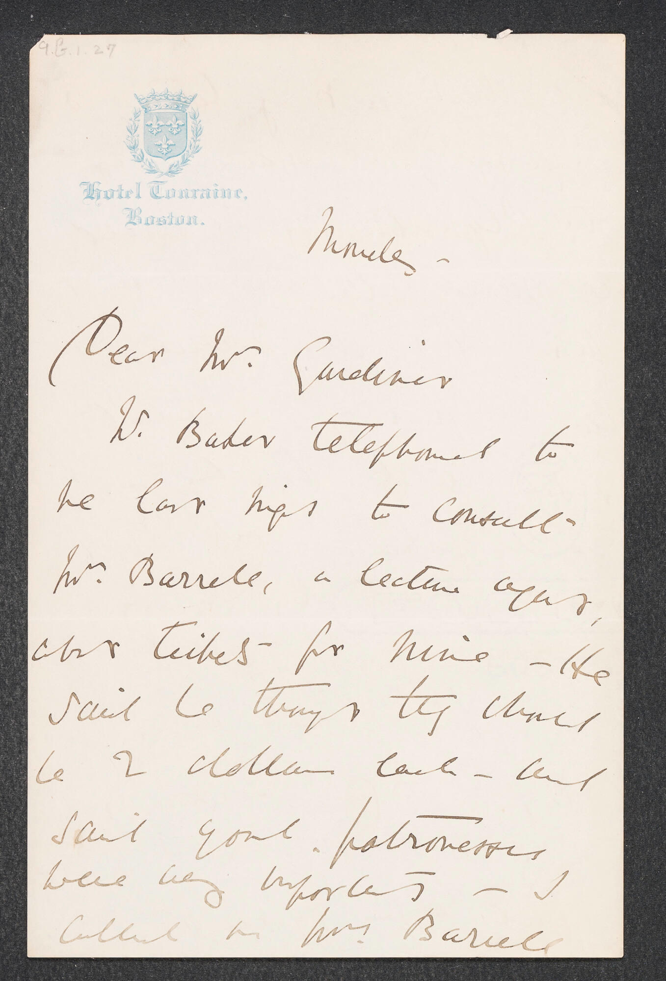 Page one of the handwritten letter from Lady Augusta Gregory to Isabella Stewart Gardner about her lecture at Fenway Court.