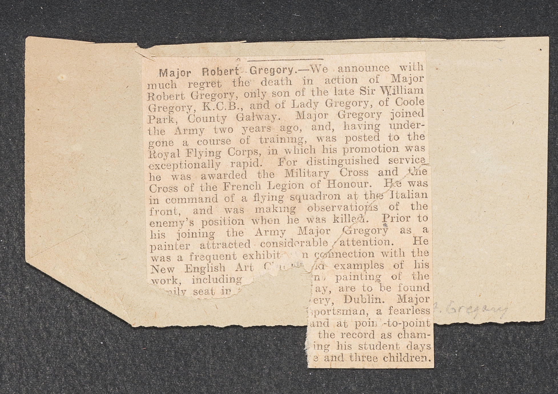 Newspaper clipping about the death of Lady Augusta Gregory’s son, Major Robert Gregory, in World War I,  February 1918.