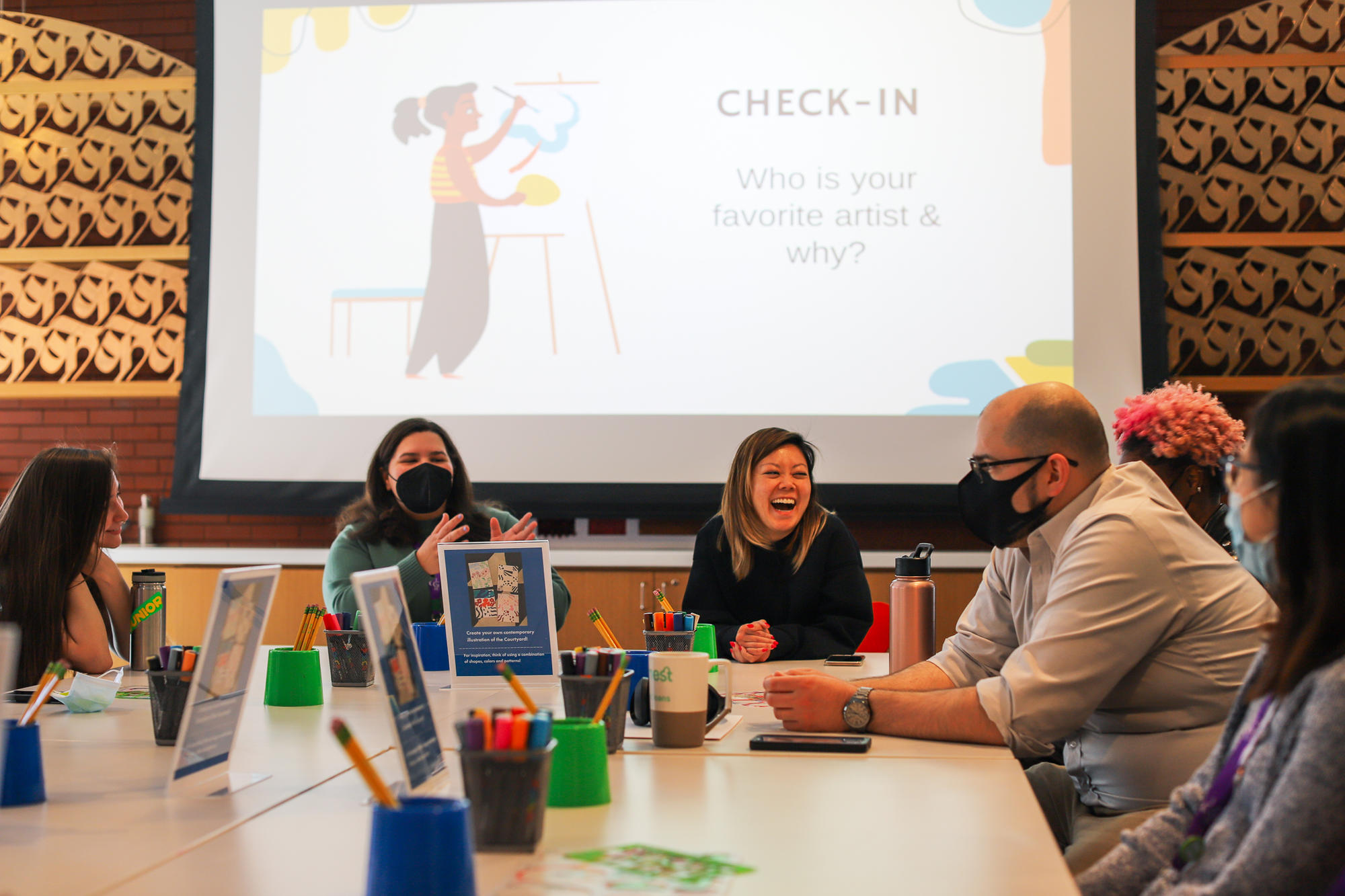 Gardner Ambassadors are led in an art-making activity by Polly Thayer Starr Studio Artist Rayna Lo (third from left) during a weekly seminar session.