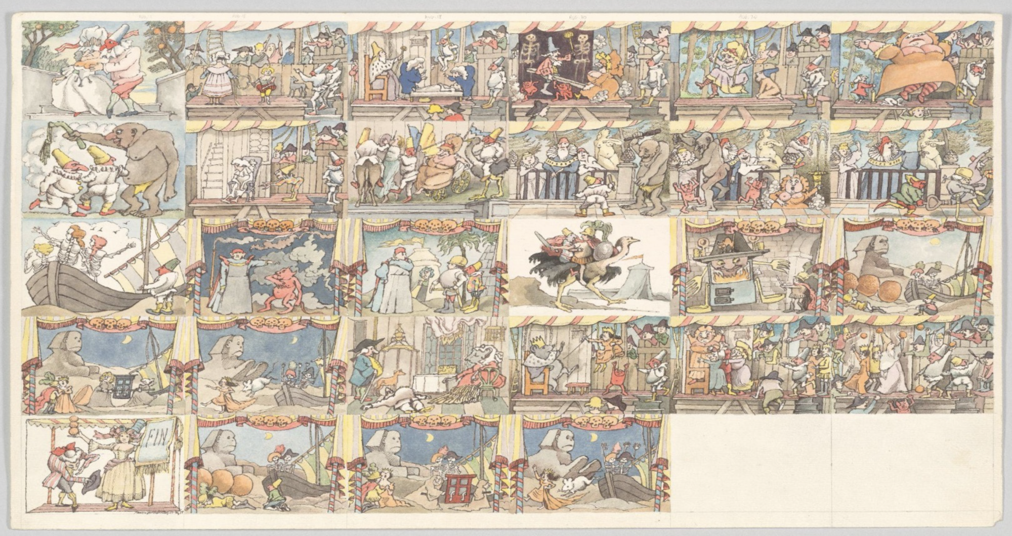 This colorful watercolor is a storyboard for The Love for Three Oranges. In rows of small squares from left to right, and then top to bottom the artist illustrates individual scenes of the opera. 