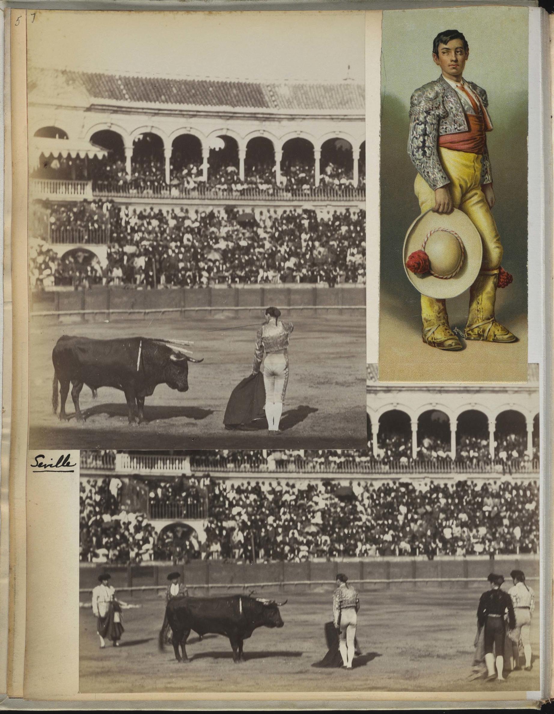 Photos of Spanish matador in a bullfighting ring in Seville in front of a full crowd in the stands