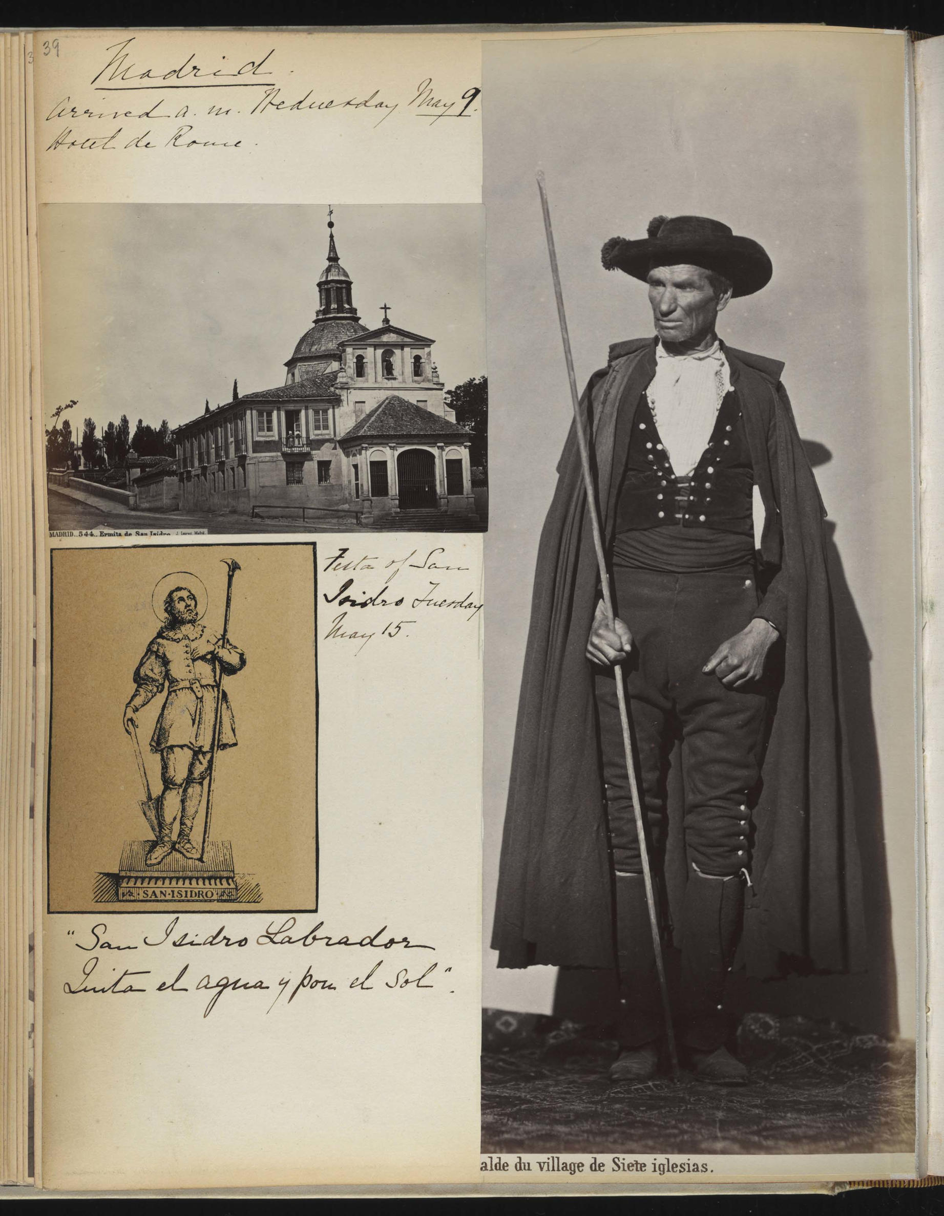 Photo of a church in Madrid, a picture of Isidore the Laborer, and a Spanish Man from the San Isidro neighborhood of Madrid