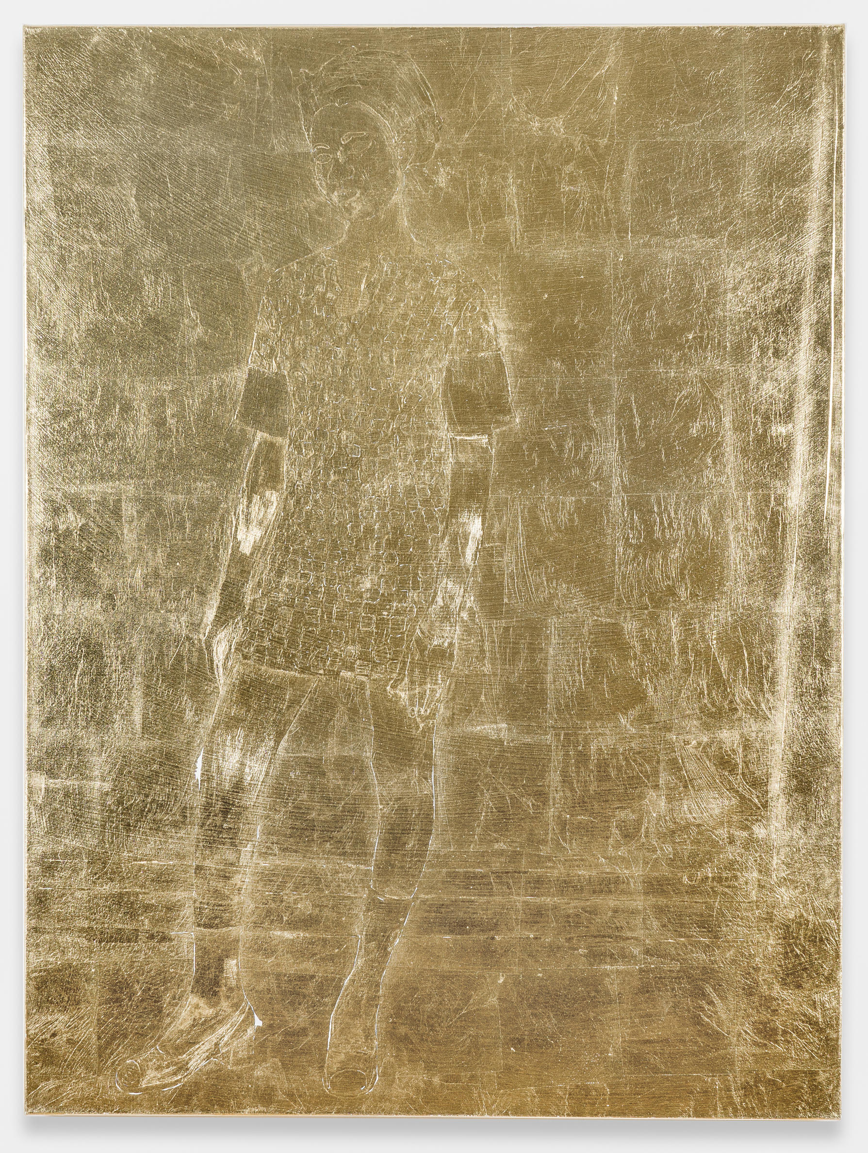 This composition of gold leaf on canvas produces a mottled image with white, gold and black areas. This piece is 4 feet by 3 feet. The central figure is a dark-skinned woman wearing a checkered dress standing in contrapposto with her weight on the foot to our right. She faces the viewer and appears to have large facial features and a scarf covering her hair. Her head is tilted slightly to our left. She wears a dress that falls to mid-thigh with a simple neckline and short sleeves that end with a dark border