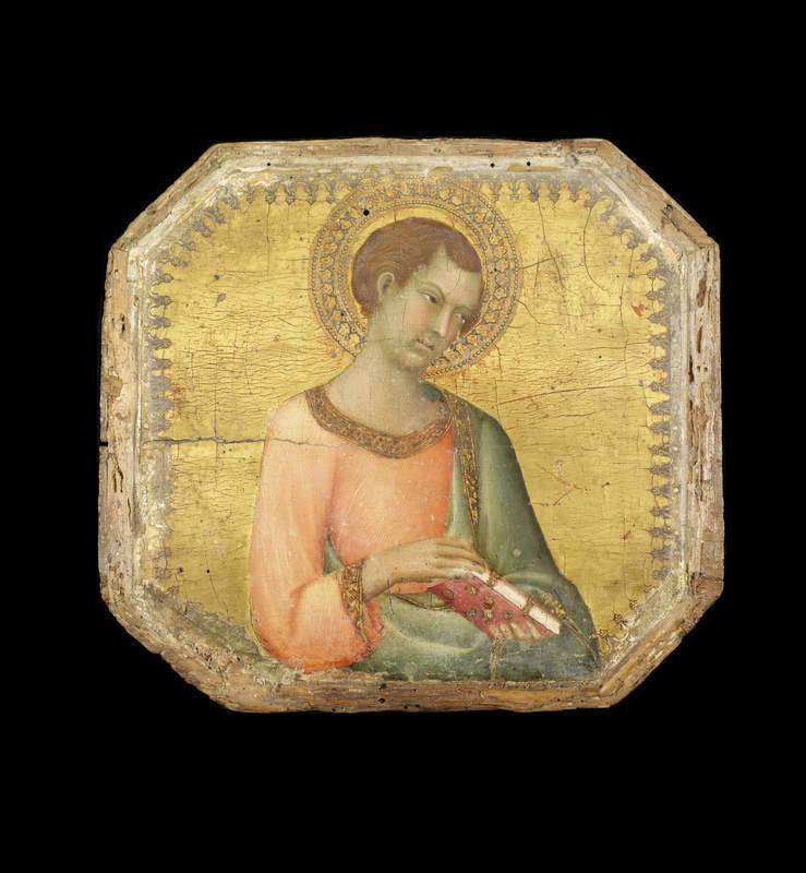 Head bowed, this young saint weeps. His gaze beyond the frame likely addressed an image of Christ, a reminder that this panel was originally part of a larger, now lost altarpiece. Together, this saint and his companion, both of whom hold books, formed part of the altarpiece predella, or decorated base. They share the same octagonal format and punched border decoration, plausibly confirming their relationship to one another.