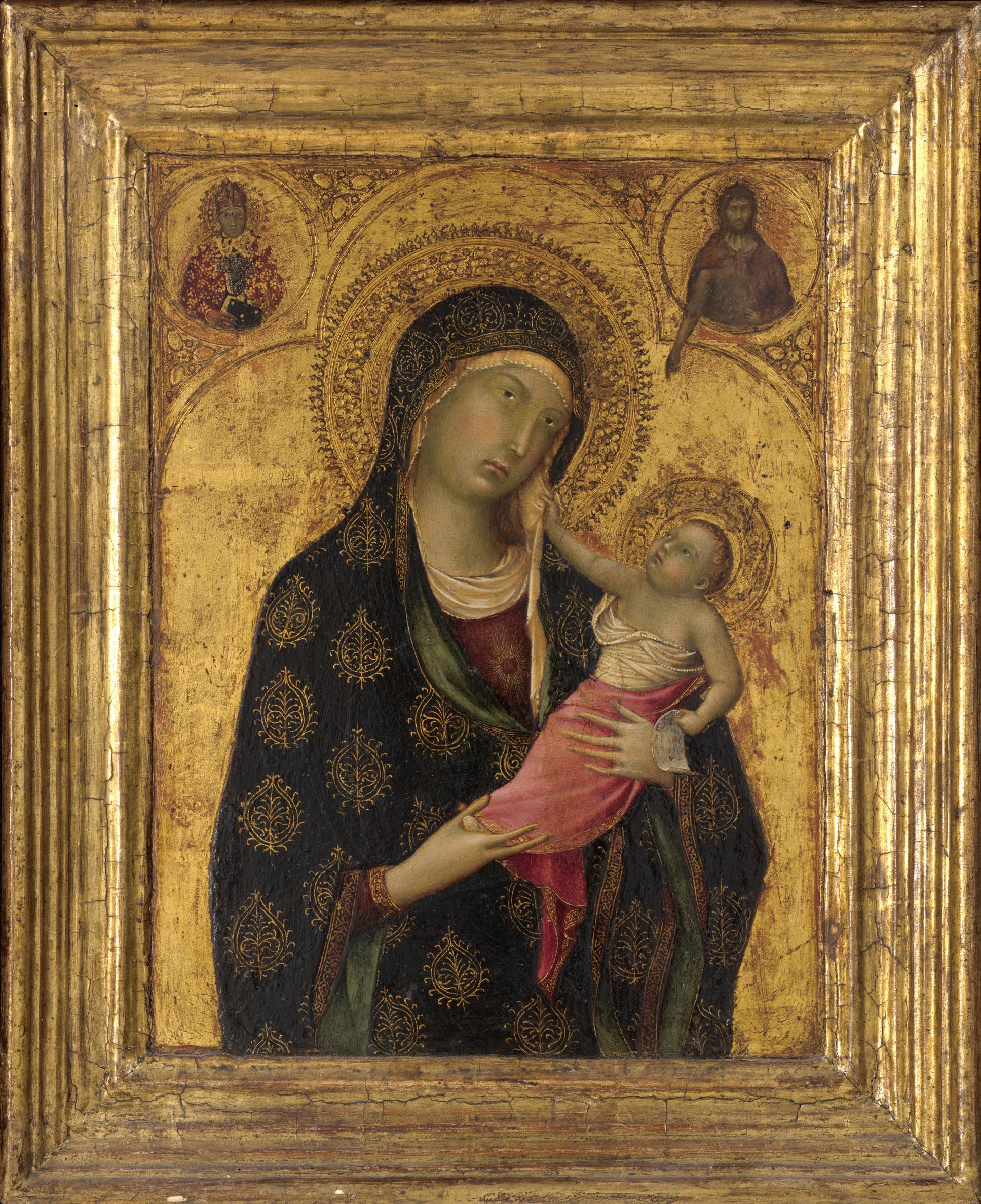 The Virgin Mary holds the infant Christ in both hands. He tugs at her veil, attempting to divert his mother’s attention. Dressed regally as the Queen of Heaven, she wears a lavish blue gown emblazoned with an elaborate floral motif picked out in gold, trimmed with a mordant-gilded border, and lined with scarlet.