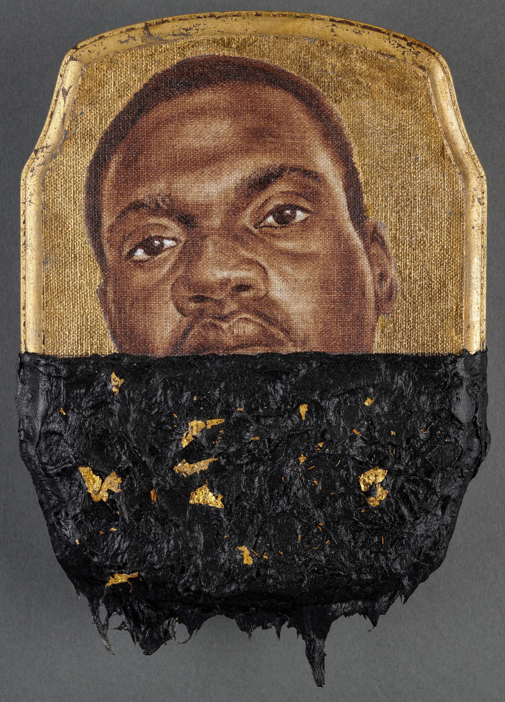 Titus Kaphar, Jerome I, 2014. Oil, tar, and gold leaf on panel. 25.4 x 17.8 x 2.5 cm (10 x 7 x 1 in.). Collection of Noel E. D. Kirnon. 