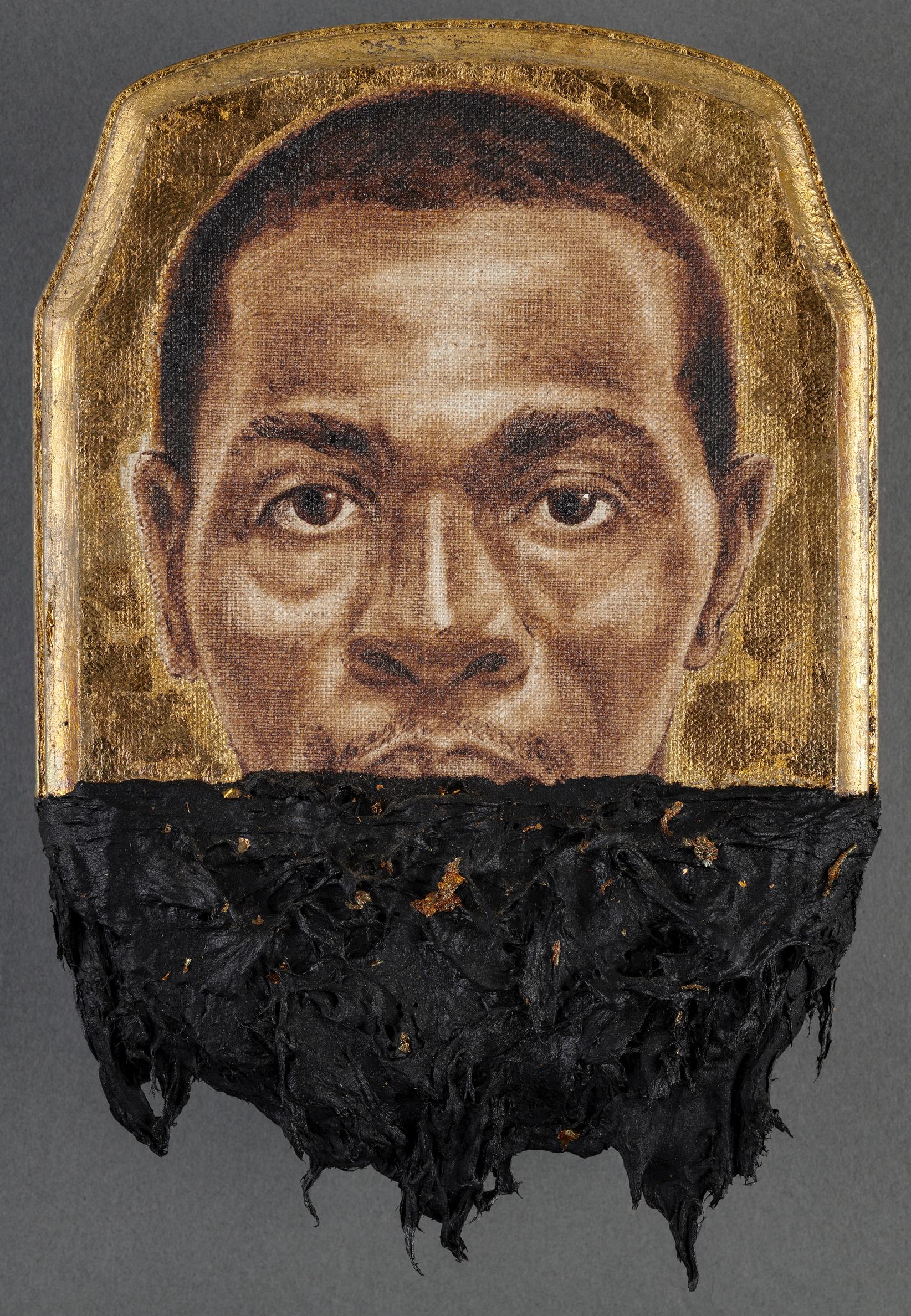 Titus Kaphar, Jerome II, 2014. Oil, tar, and gold leaf on panel. 25.4 x 17.8 x 2.5 cm (10 x 7 x 1 in.). Tracey and Phillip Riese.