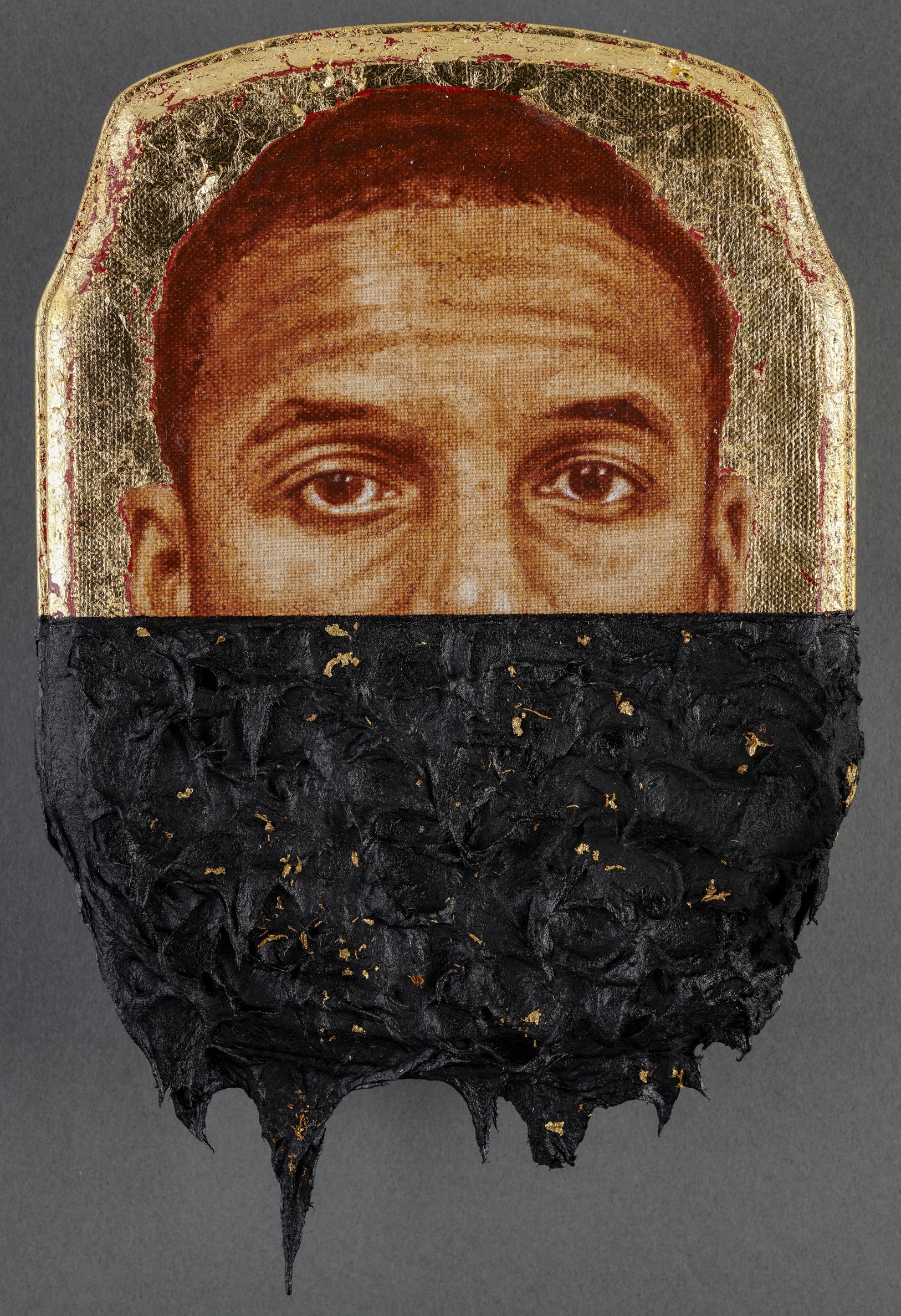 Titus Kaphar, Jerome LXI, 2020. Oil, tar, and gold leaf on panel. 25.4 x 19.1 cm (10 x 7 1/2 in.). Private Collection.