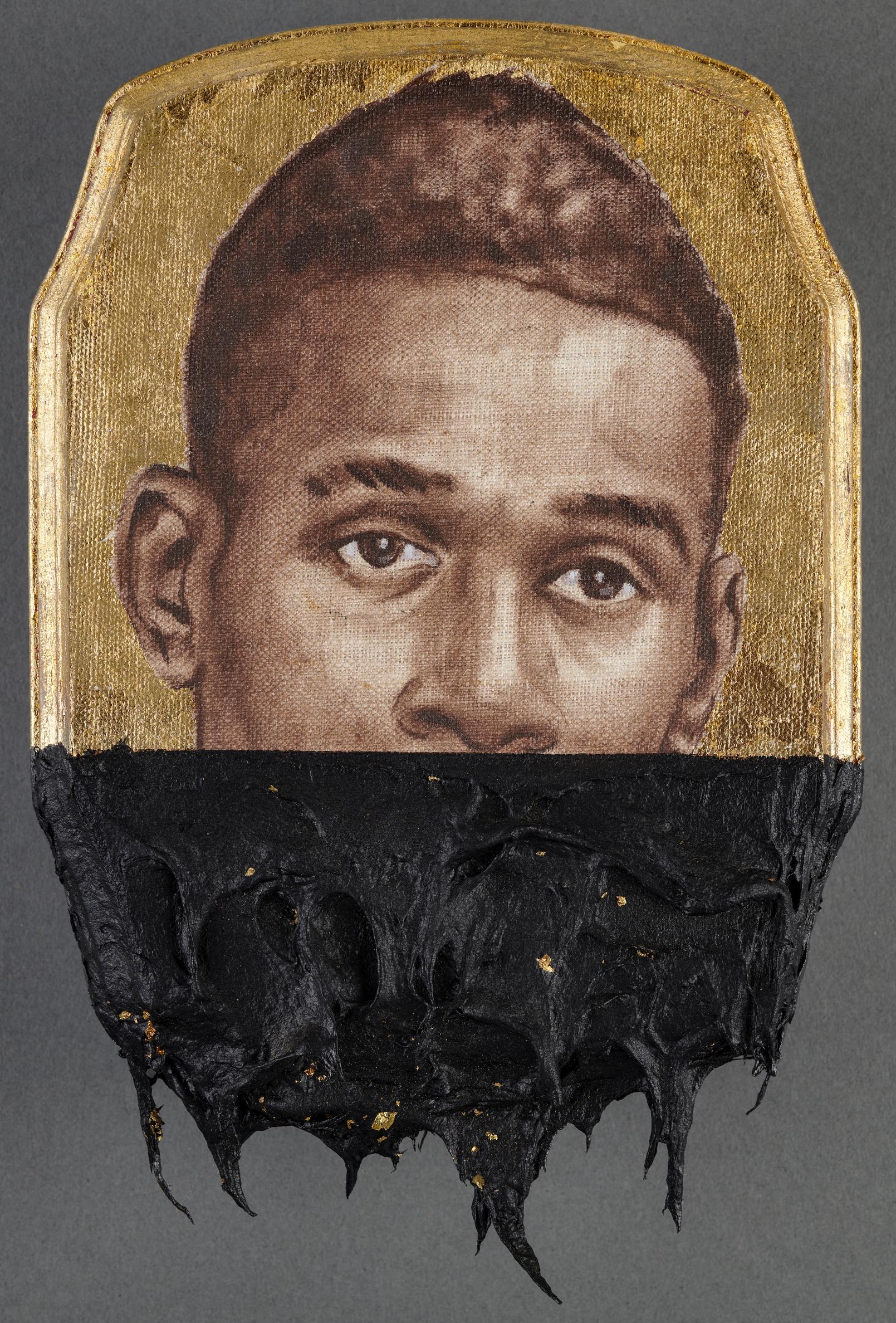 Titus Kaphar, Jerome XVI, 2014. Oil, tar, and gold leaf on panel. 25.4 x 17.8 x 2.5 cm (10 x 7 x 1 in.). Tracey and Phillip Riese