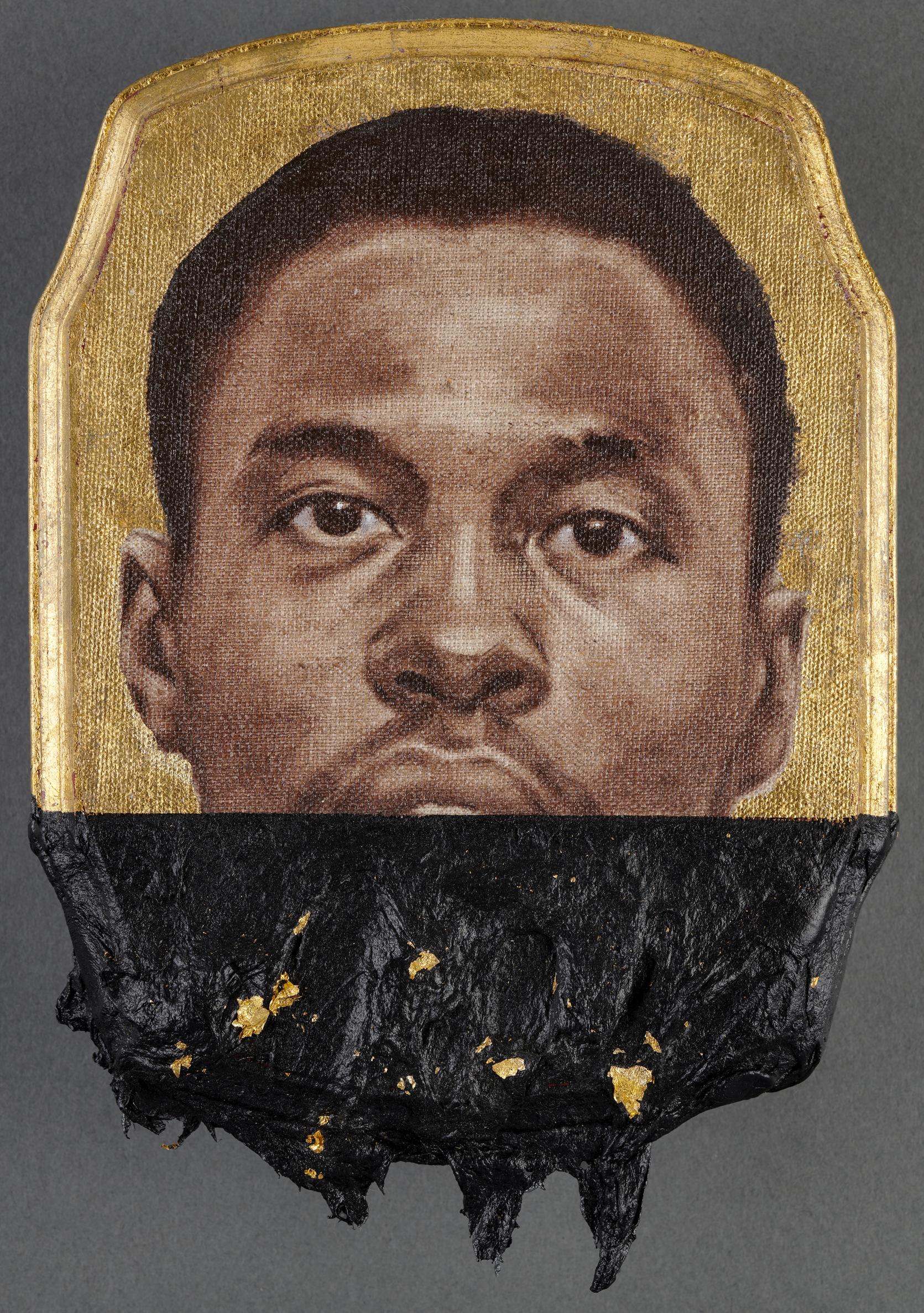 Titus Kaphar, Jerome XVIII, 2014. Oil, tar, and gold leaf on panel. 25.4 x 17.8 x 2.5 cm (10 x 7 x 1 in.). Collection of Stacey Fabrikant. 