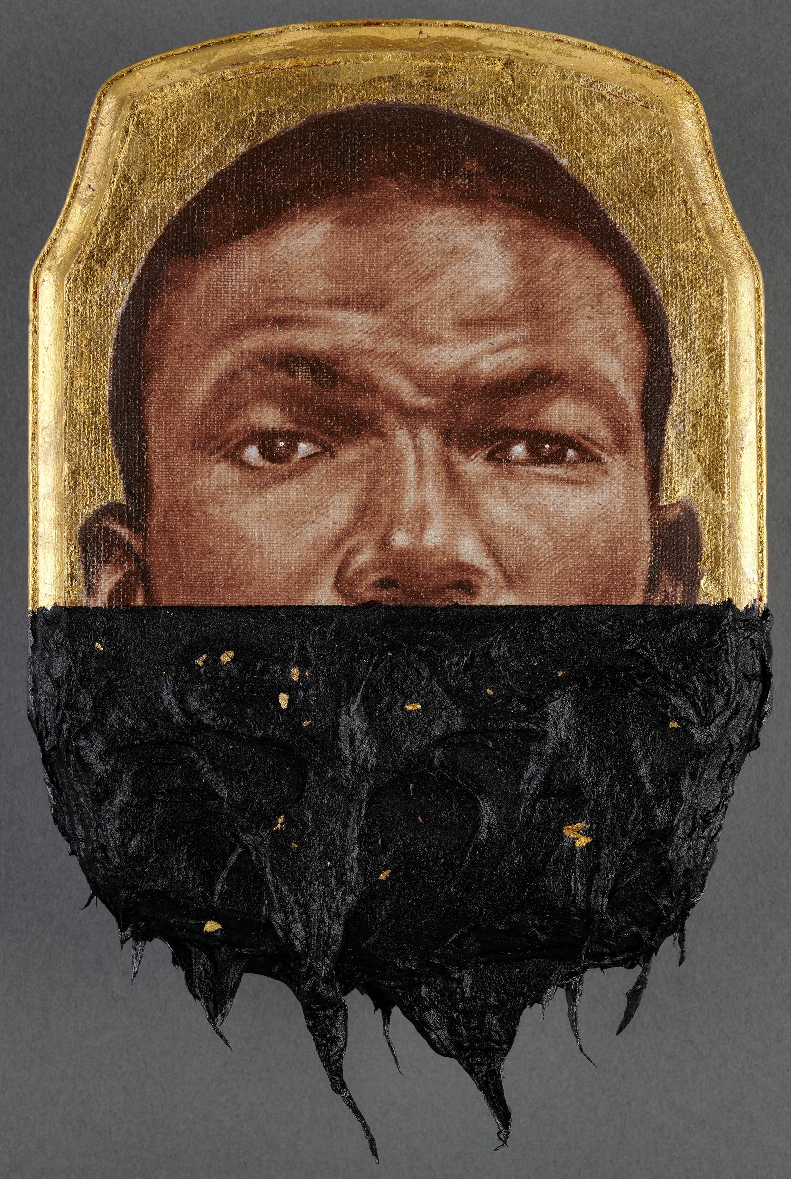 Titus Kaphar, Jerome XXI, 2014. Oil, tar, and gold leaf on panel. 25.4 x 17.8 x 2.5 cm (10 x 7 x 1 in.). Collection of Alvin Hall.