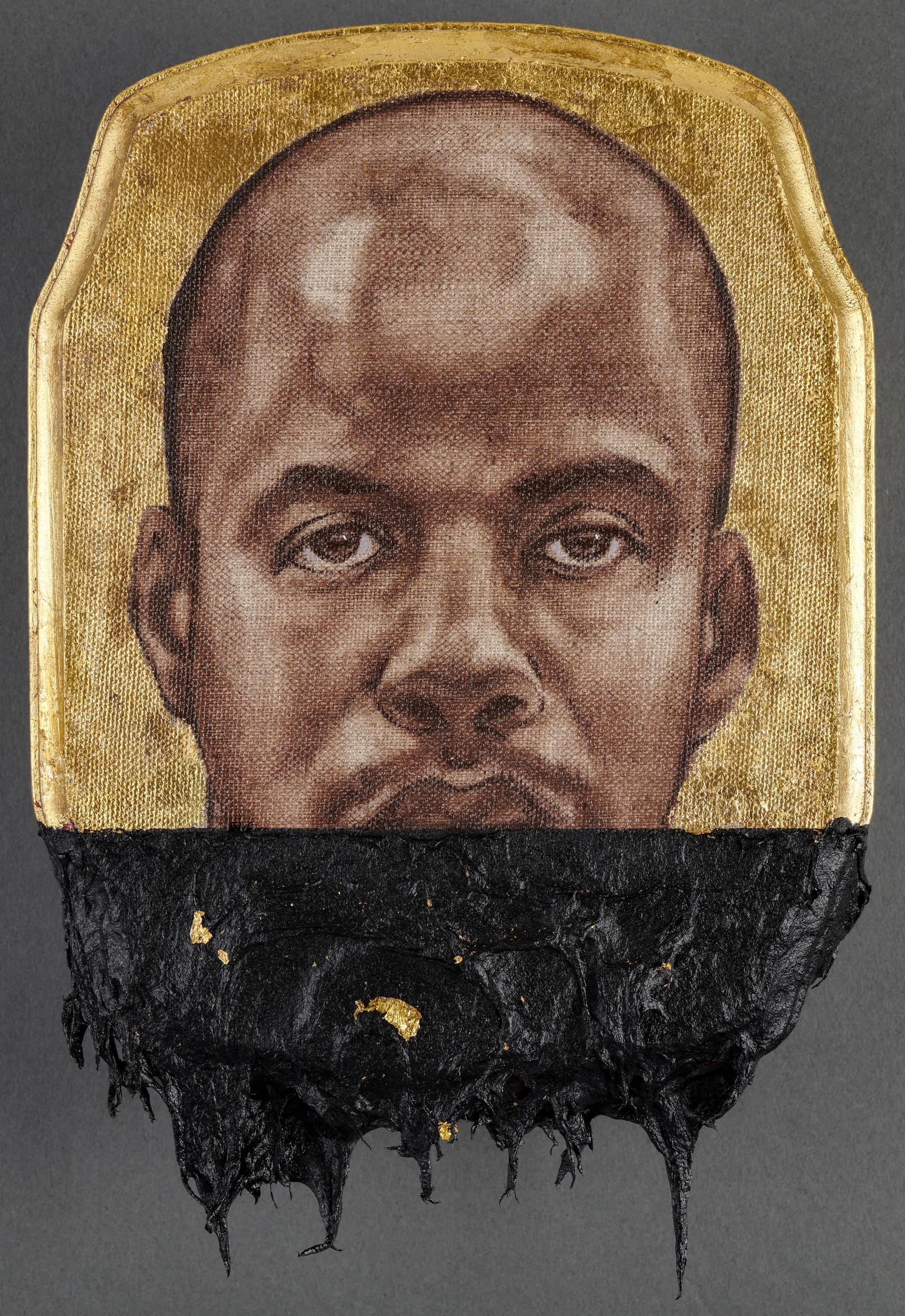 Titus Kaphar, Jerome XXII, 2014. Oil, tar, and gold leaf on panel. 25.4 x 17.8 x 2.5 cm (10 x 7 x 1 in.). Collection of Lonti Ebers. 